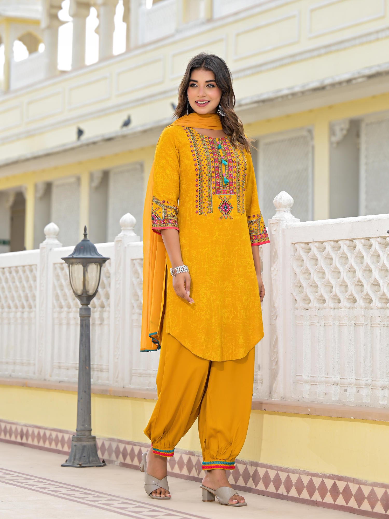 Juniper Mustard Ethnic Motif Printed Kurta, Pant And Dupatta Set With Tassels & Buttons.