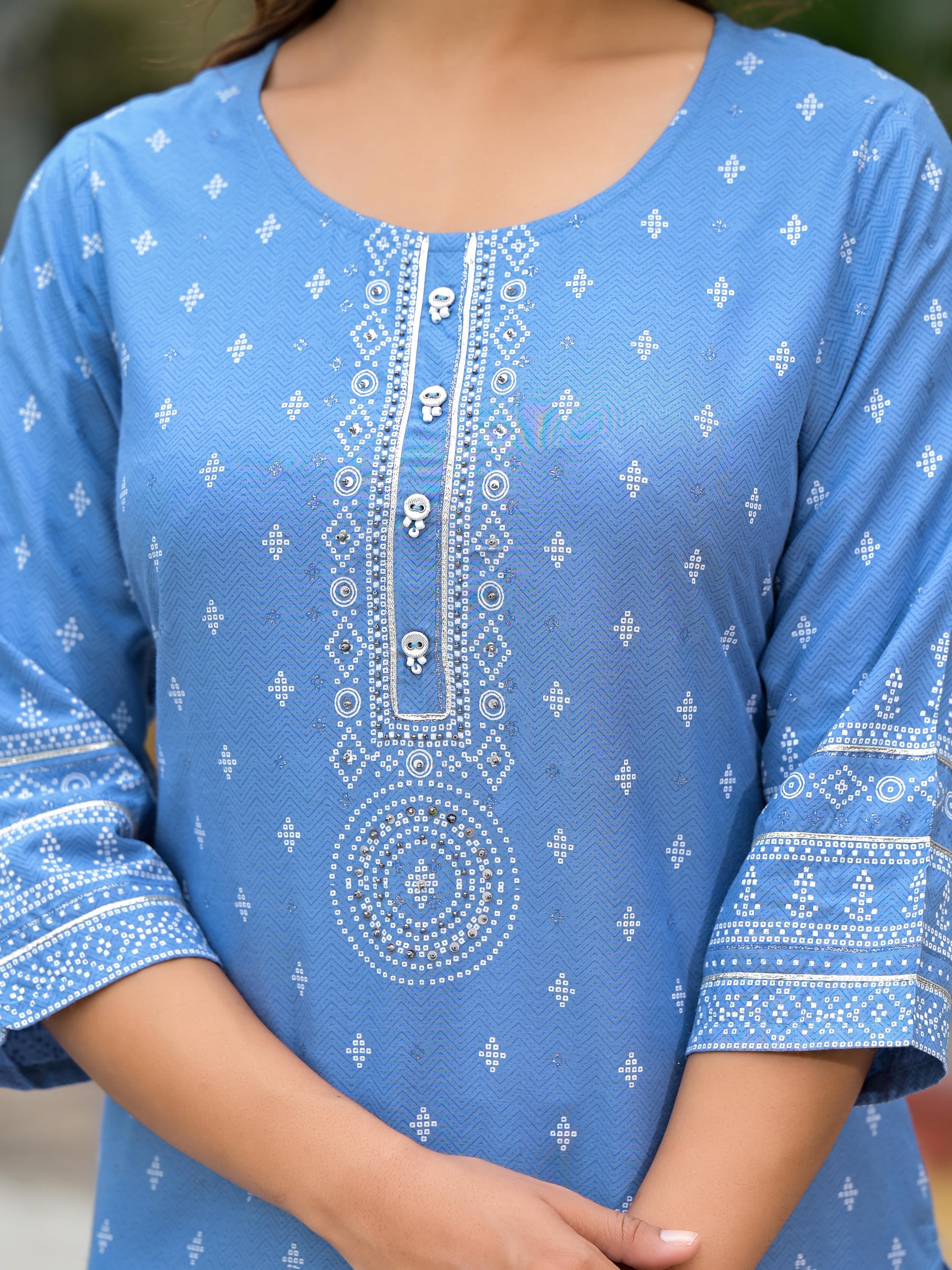 Blue Ethnic Motif Printed Liva Rayon Kurta Pant And Dupatta Set With Beads Sequins & Lace