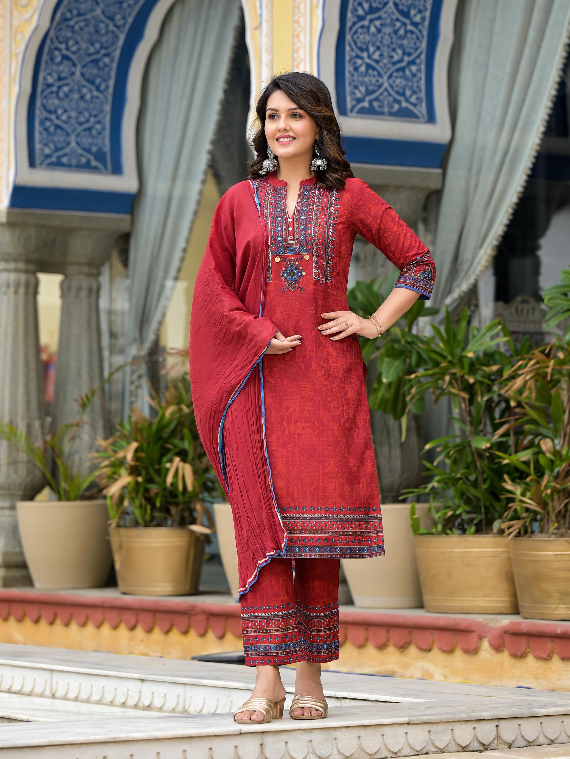 Red Ethnic Motif Printed Liva Rayon Kurta Pant And Dupatta Set with Coins & Sequins