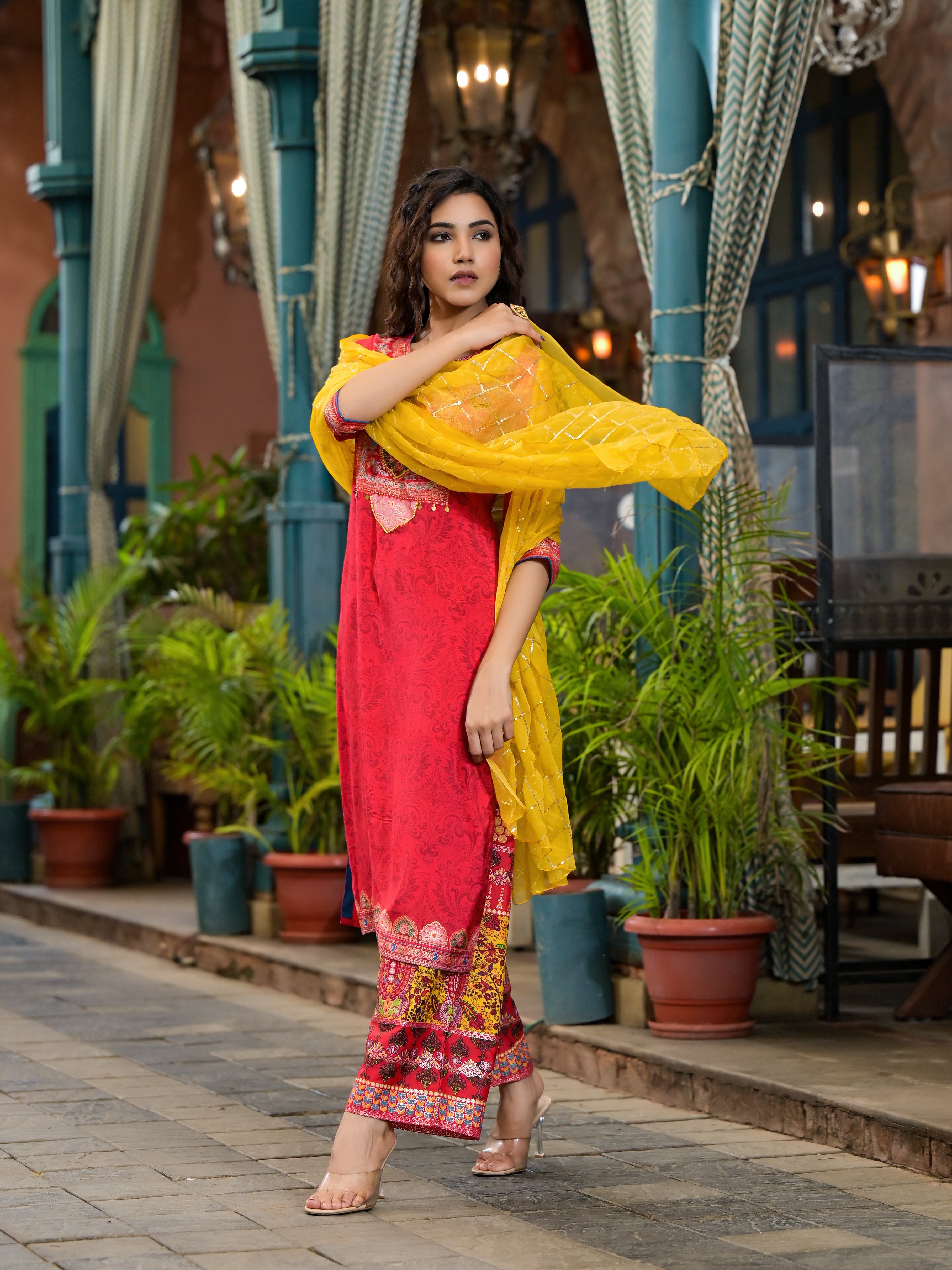 Red Ethnic Motif Printed Muslin Kurta Set With thread Work Coins & Beads