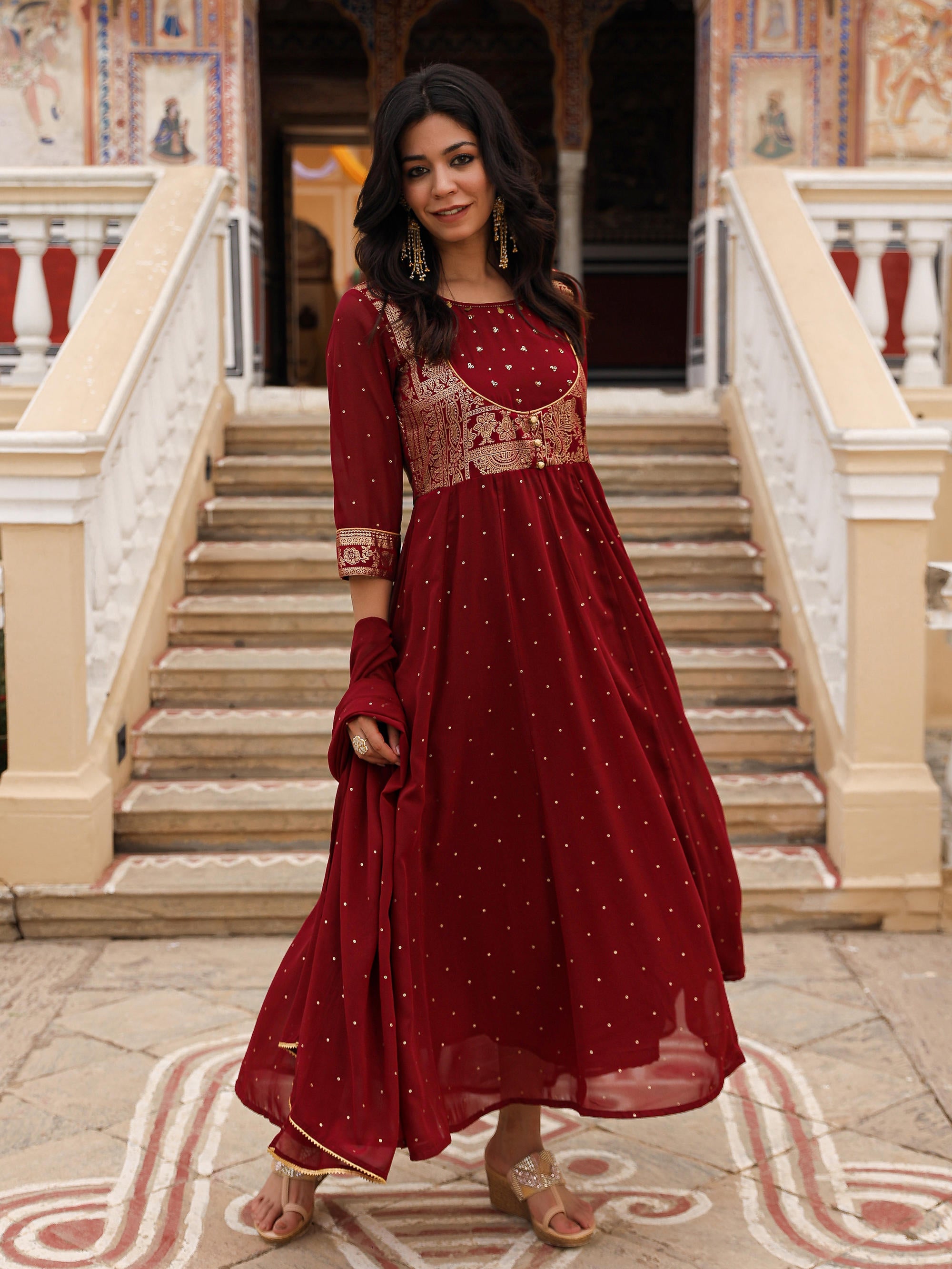 Maroon Ethnic Motif Printed Georgette Kurta & Dupatta Set With Coins & Lace