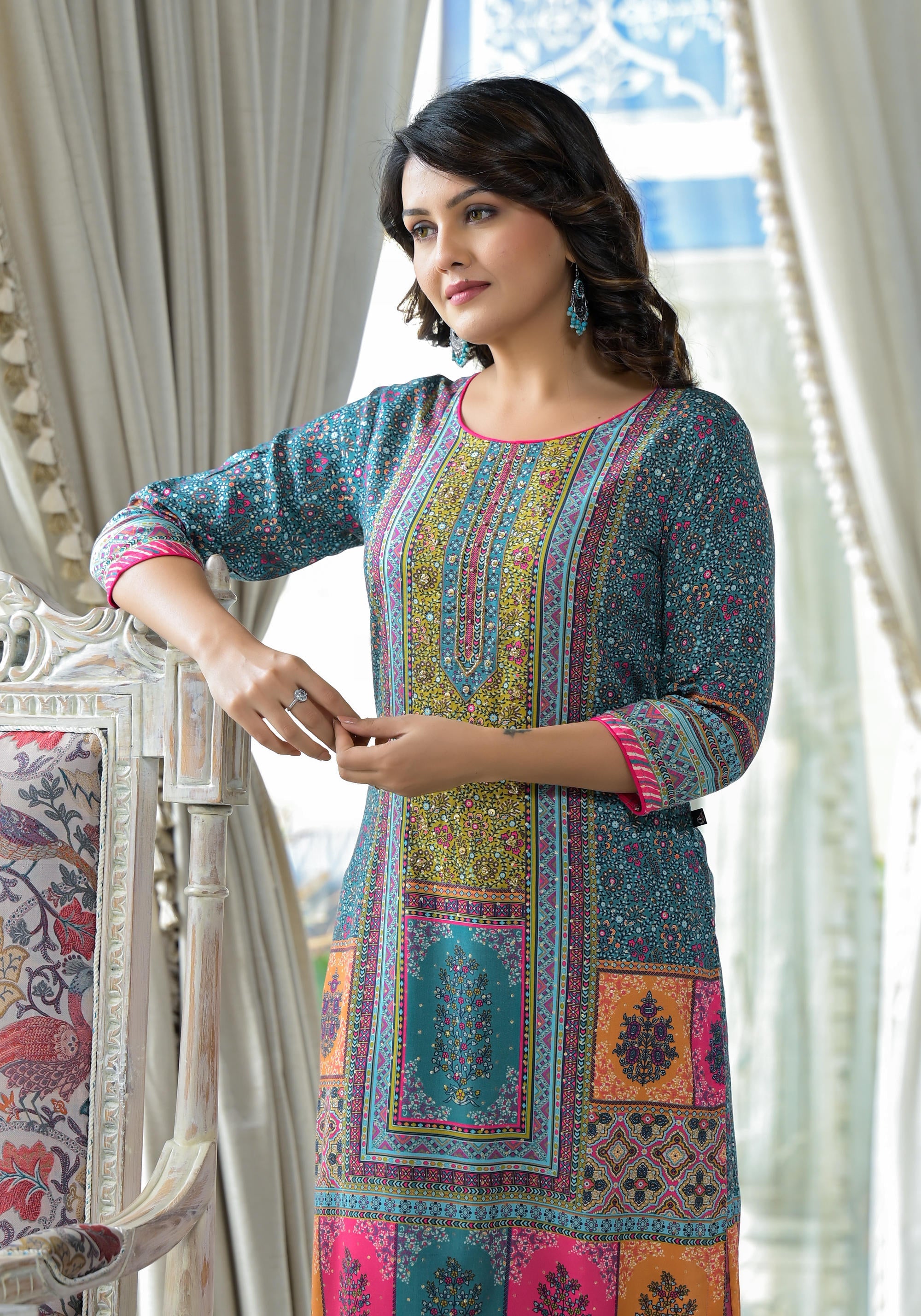 Blue Floral Printed Liva Rayon Kurta With Beads & Sequins Work
