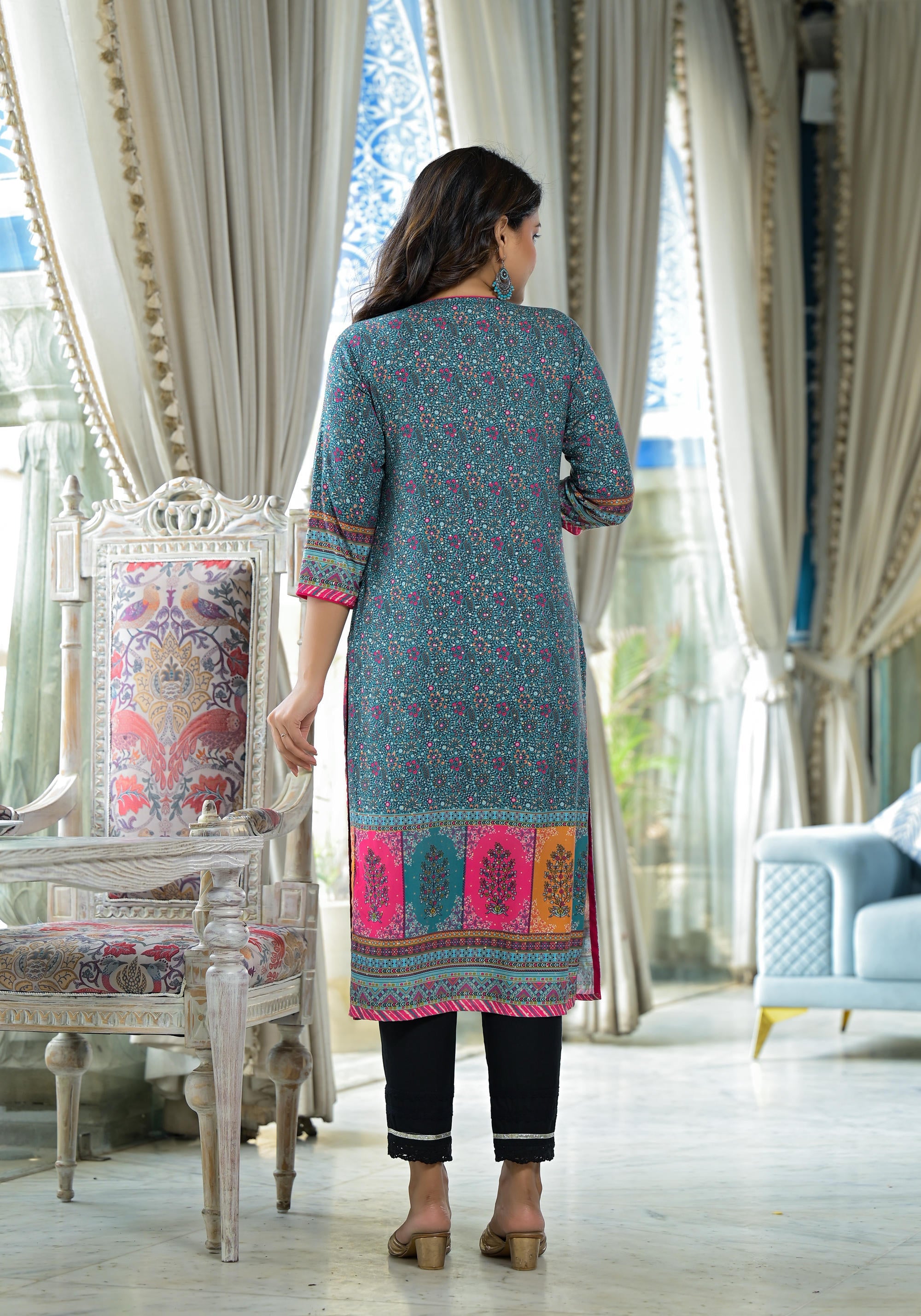 Blue Floral Printed Liva Rayon Kurta With Beads & Sequins Work