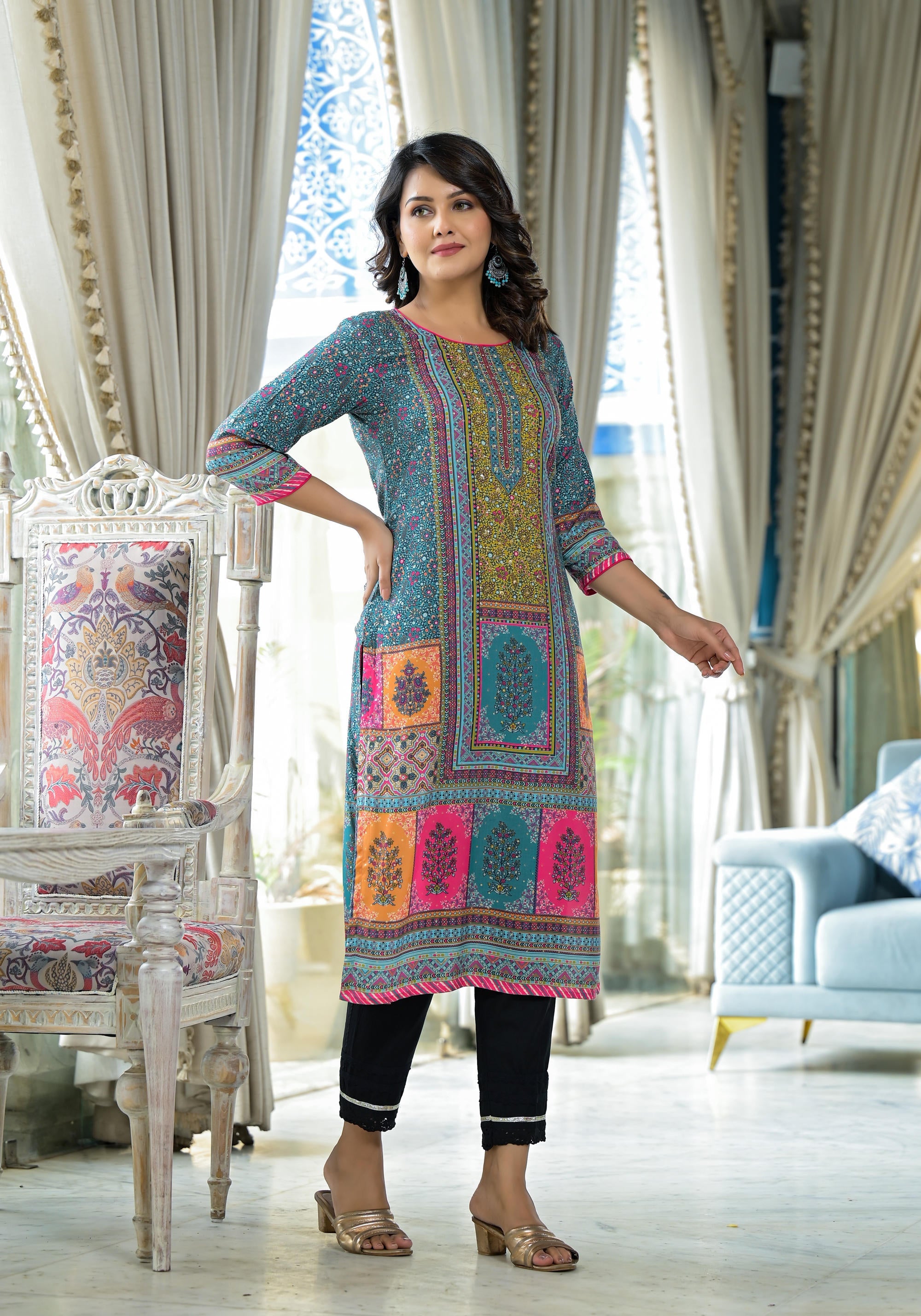 Blue Floral Printed Liva Rayon Kurta With Beads & Sequins Work