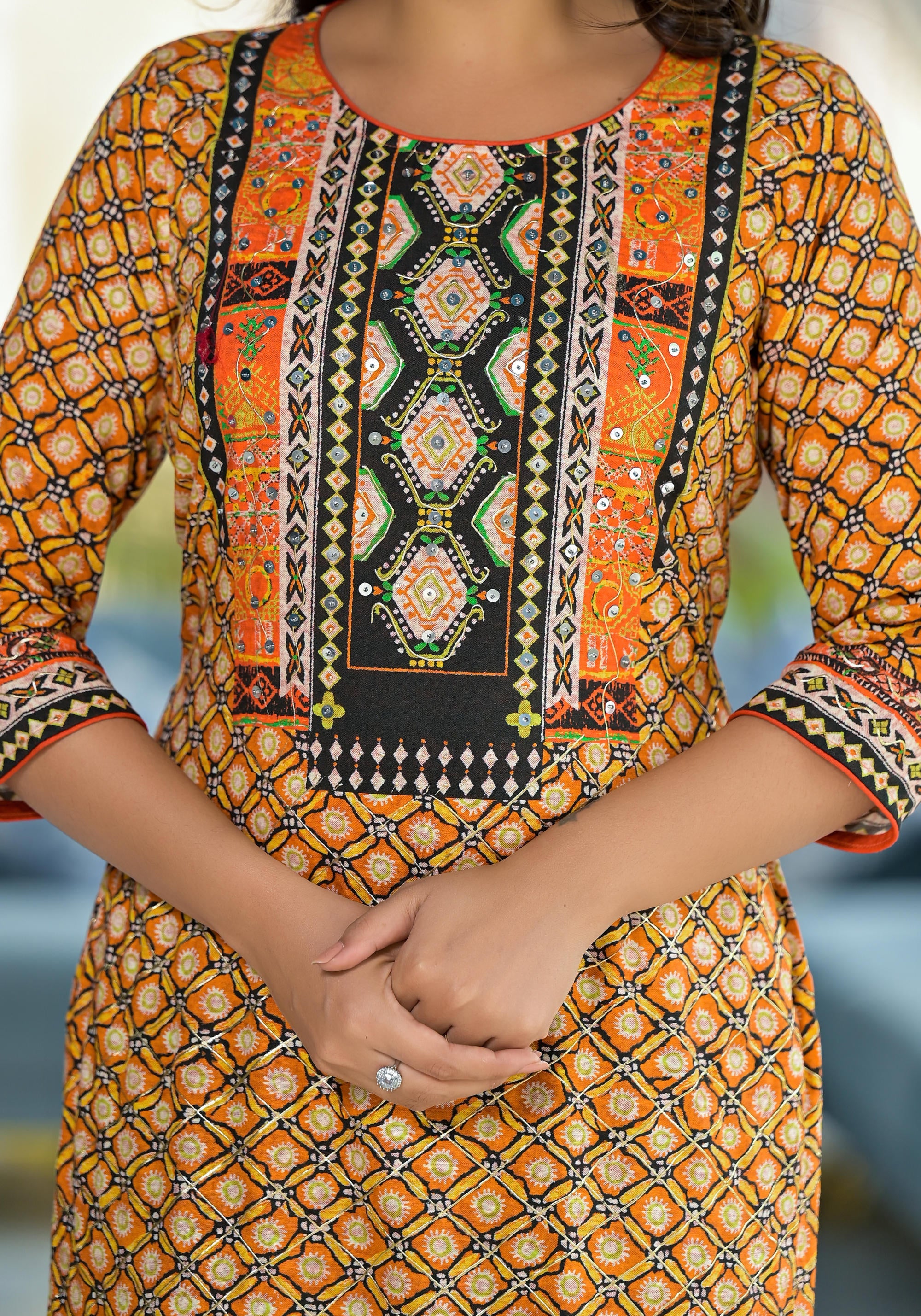 Mustard Ethnic Motif Printed Liva Rayon Kurta With Sequins & Gota Patti Work