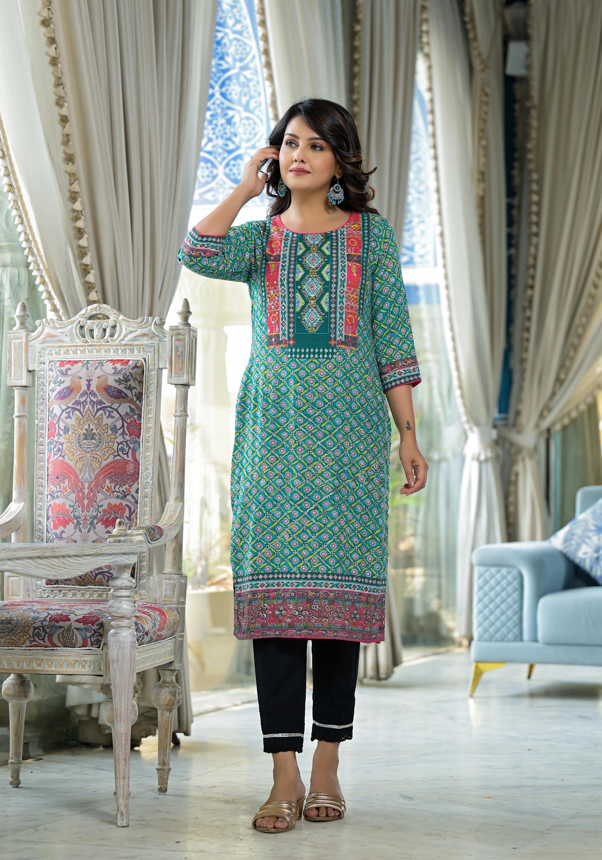 Teal Ethnic Motif Printed Liva Rayon Kurta With Sequins & Gota Patti Work