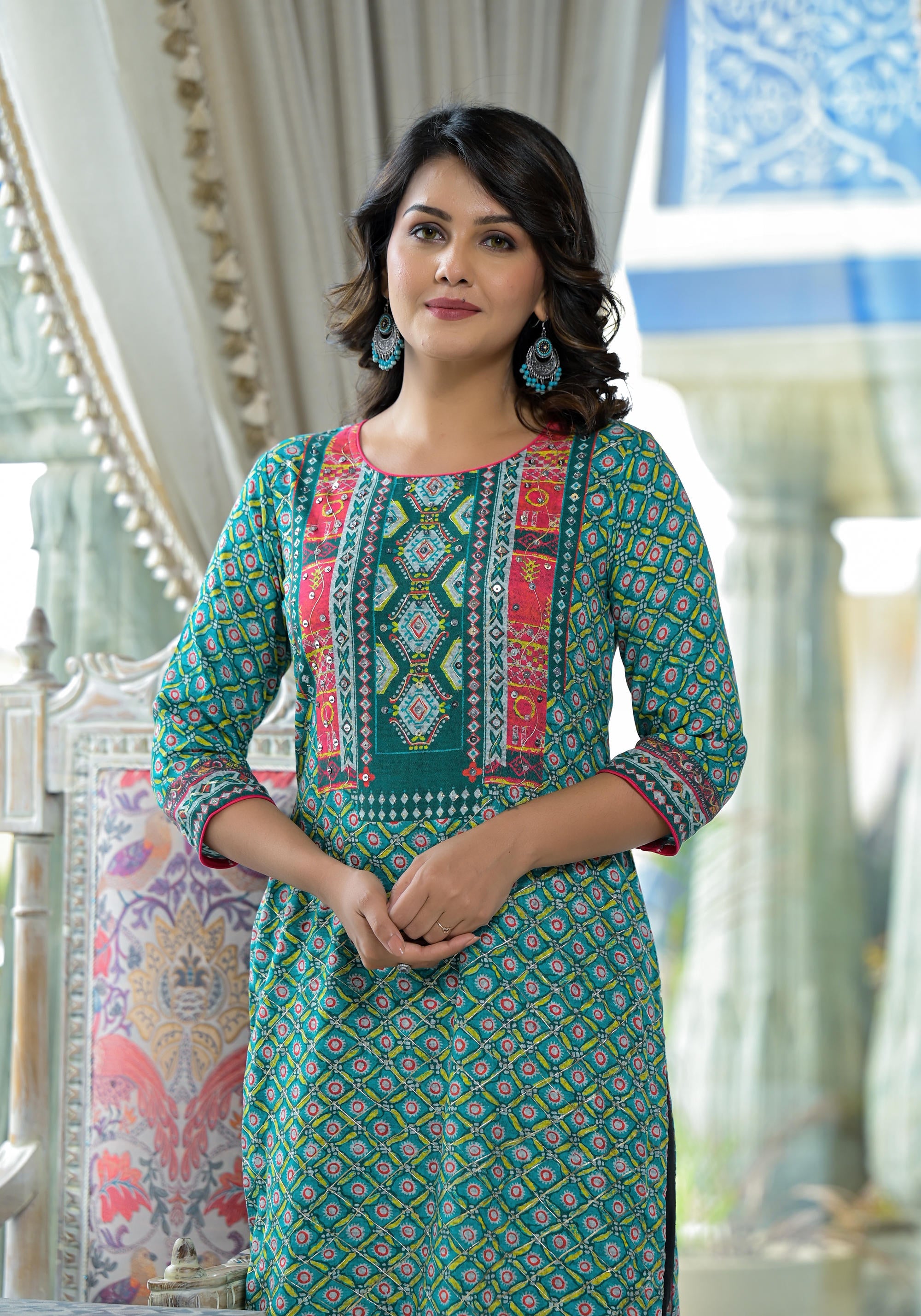 Teal Ethnic Motif Printed Liva Rayon Kurta With Sequins & Gota Patti Work