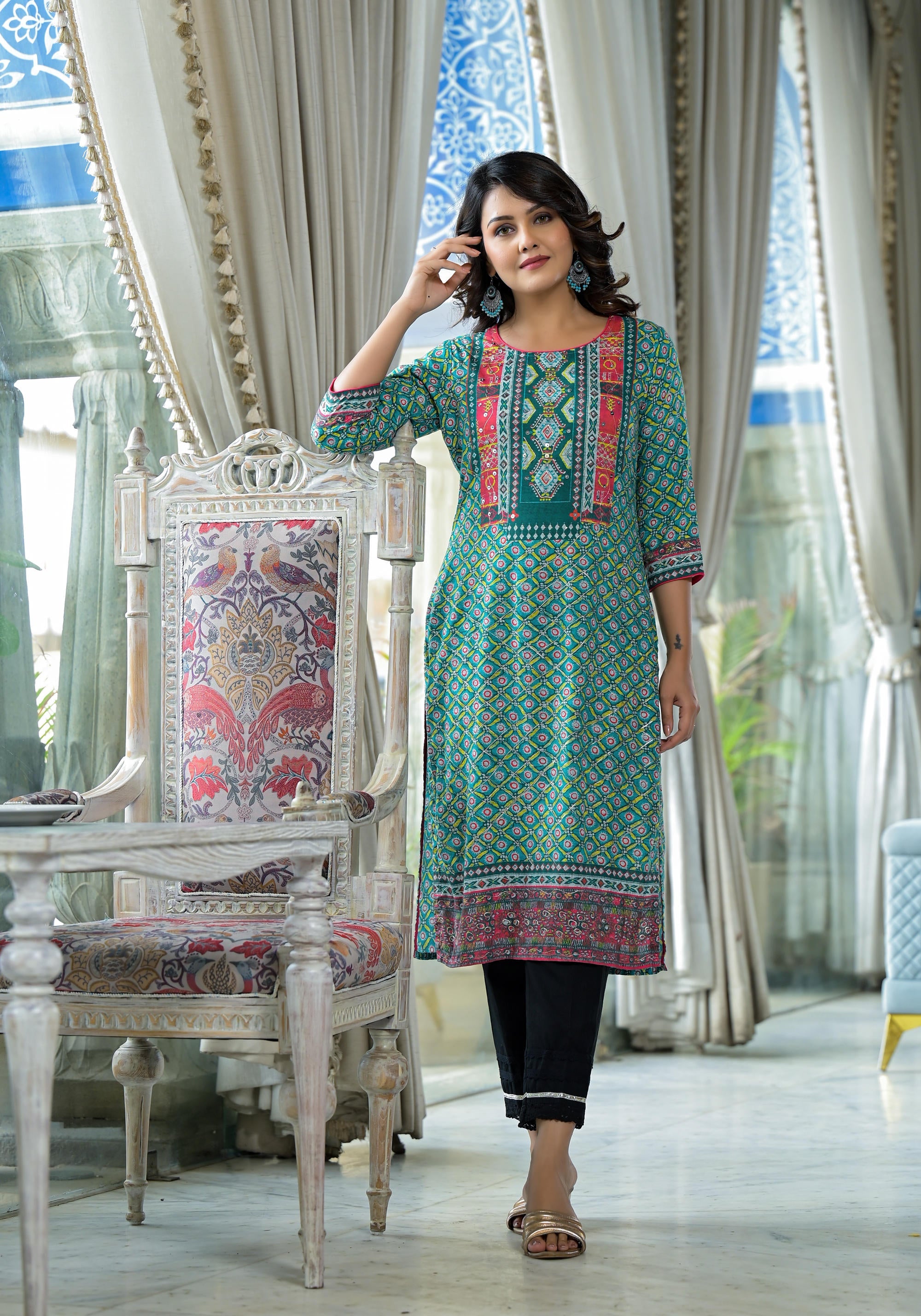 Teal Ethnic Motif Printed Liva Rayon Kurta With Sequins & Gota Patti Work