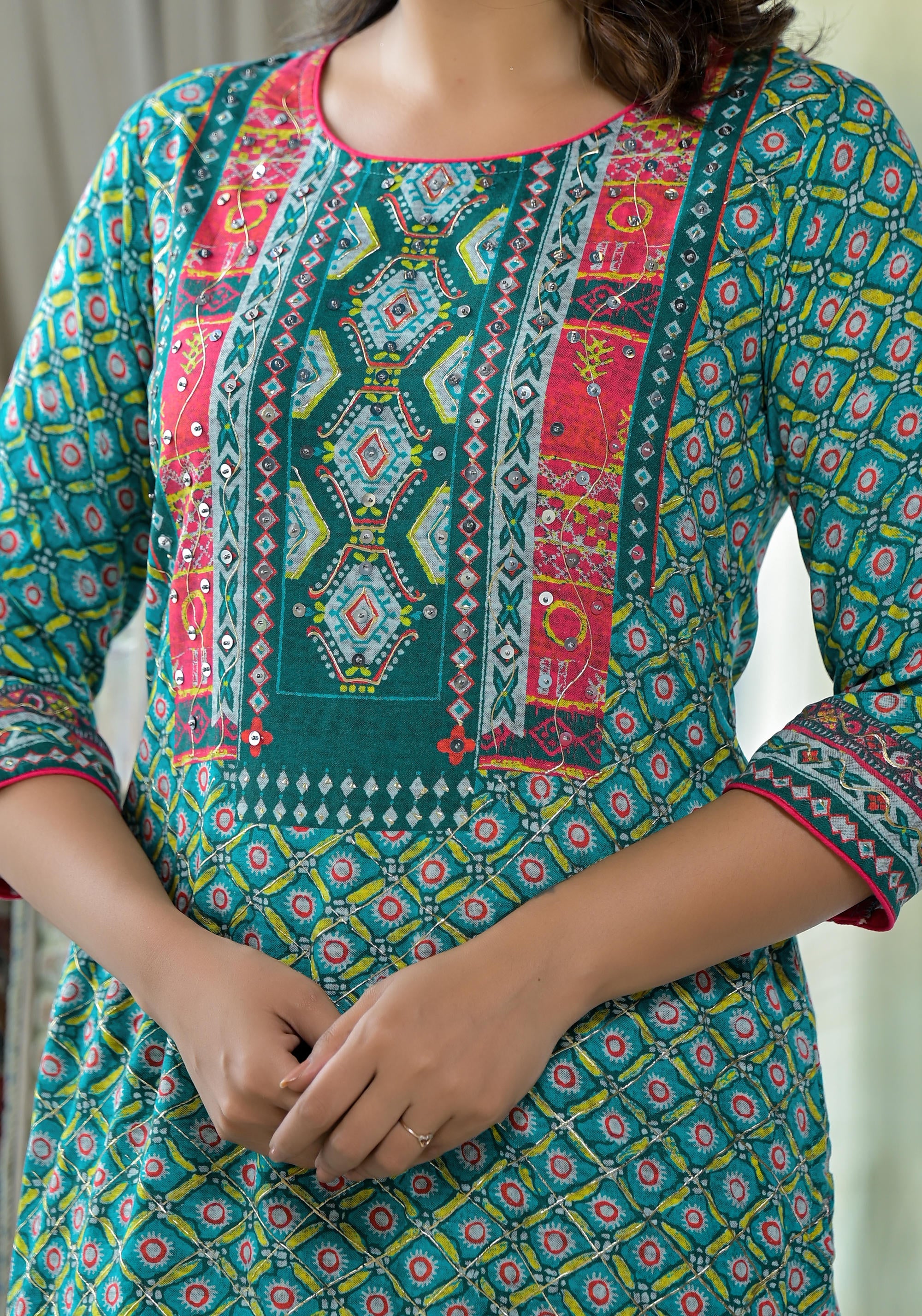 Teal Ethnic Motif Printed Liva Rayon Kurta With Sequins & Gota Patti Work