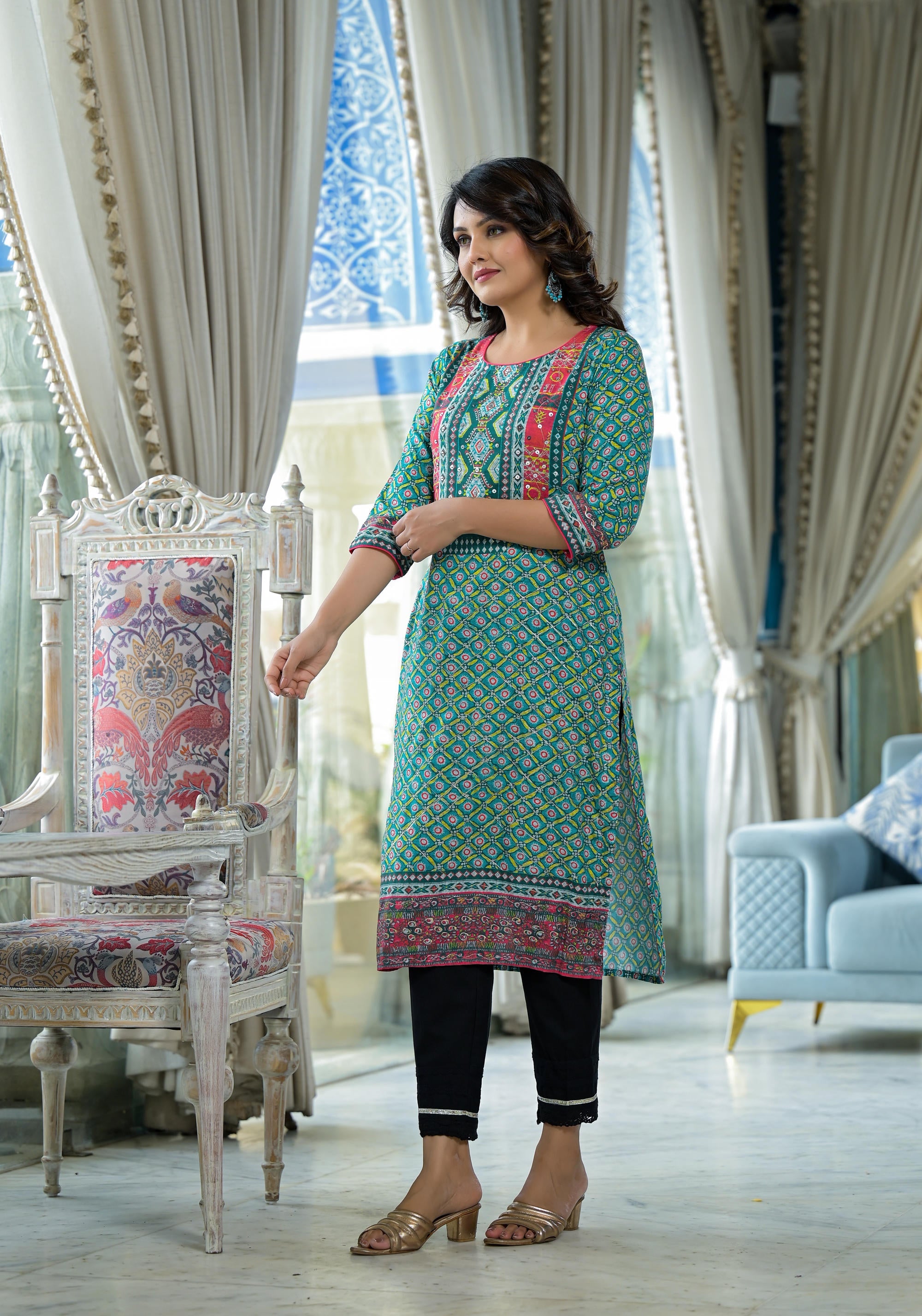 Teal Ethnic Motif Printed Liva Rayon Kurta With Sequins & Gota Patti Work