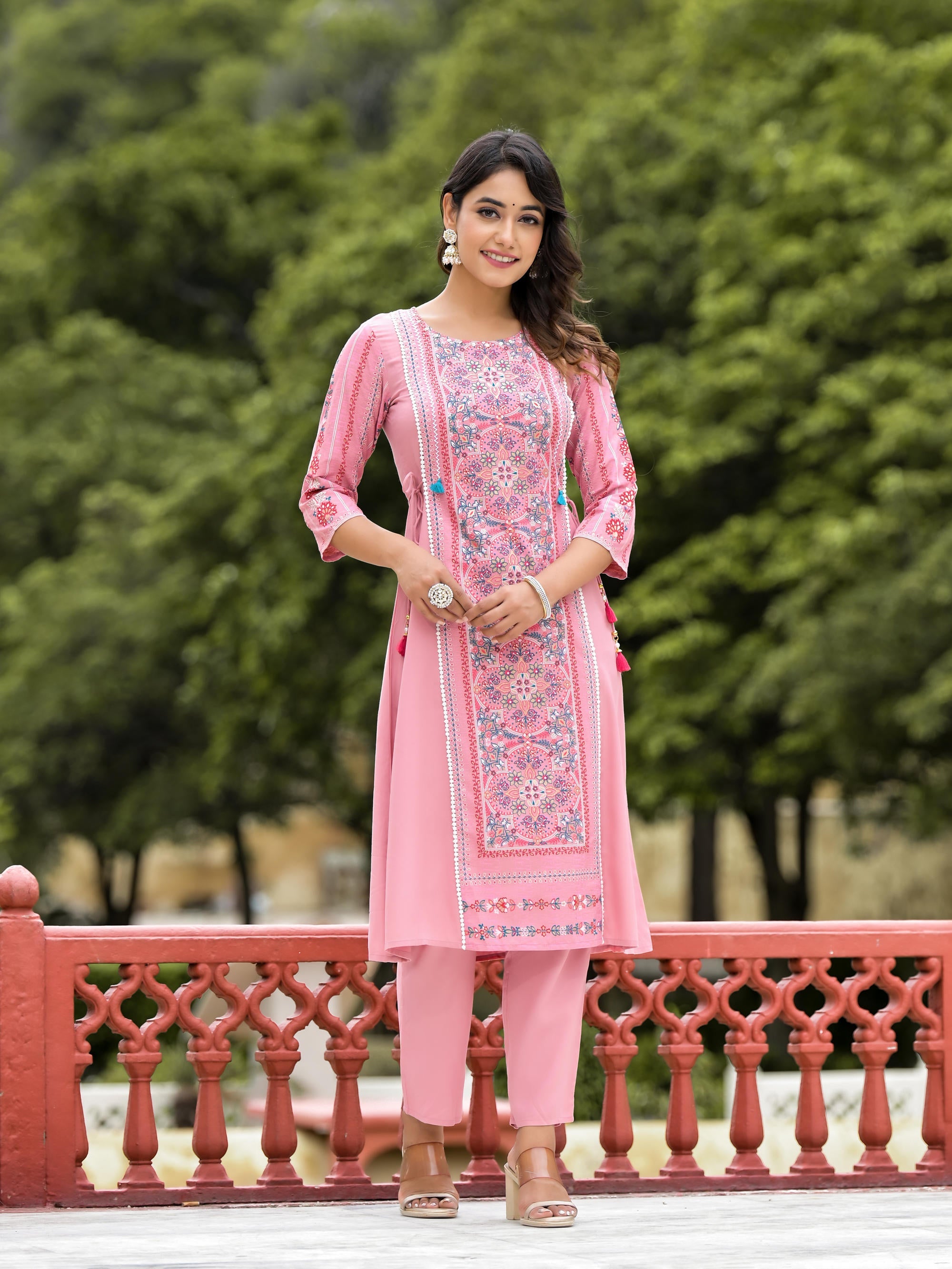 Peach Floral Printed Liva Rayon Kurta Pant And Dupatta Set With Doris At Waist & Thread Work And Tassels