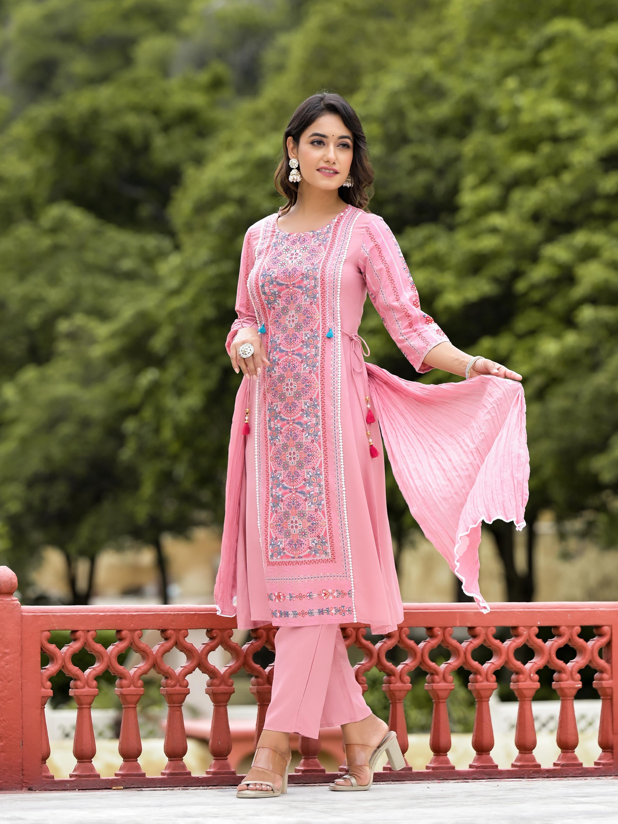 Peach Floral Printed Liva Rayon Kurta Pant And Dupatta Set With Doris At Waist & Thread Work And Tassels