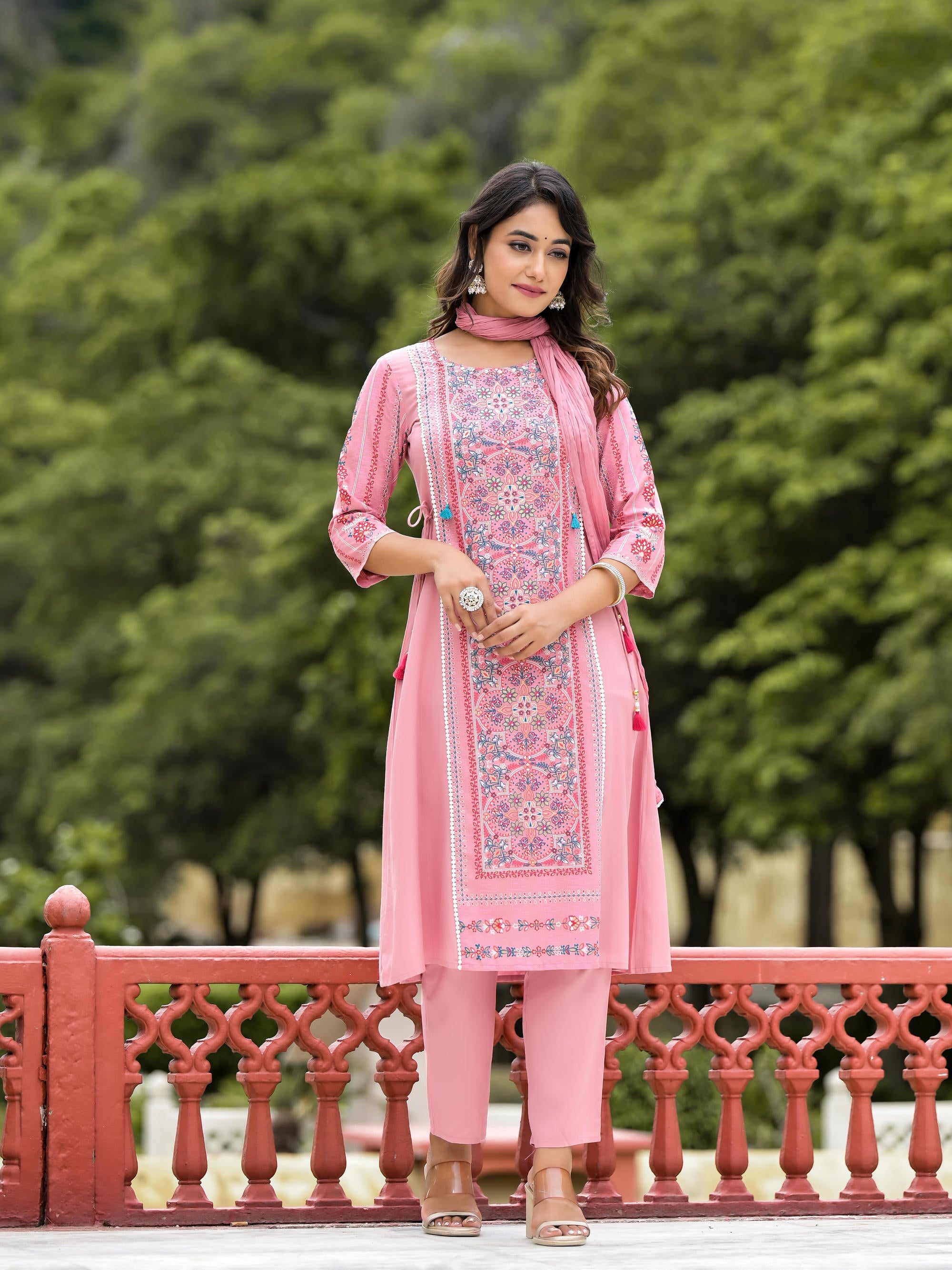 Peach Floral Printed Liva Rayon Kurta Pant And Dupatta Set With Doris At Waist & Thread Work And Tassels