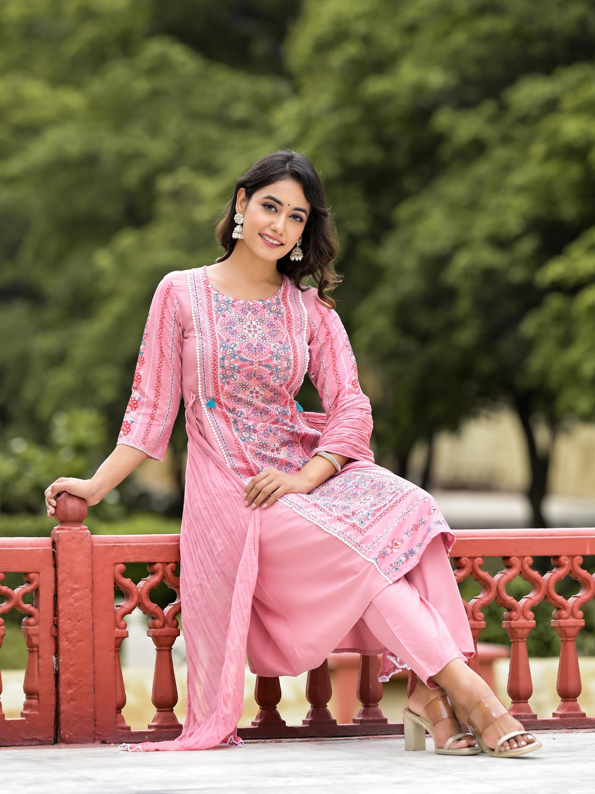 Peach Floral Printed Liva Rayon Kurta Pant And Dupatta Set With Doris At Waist & Thread Work And Tassels