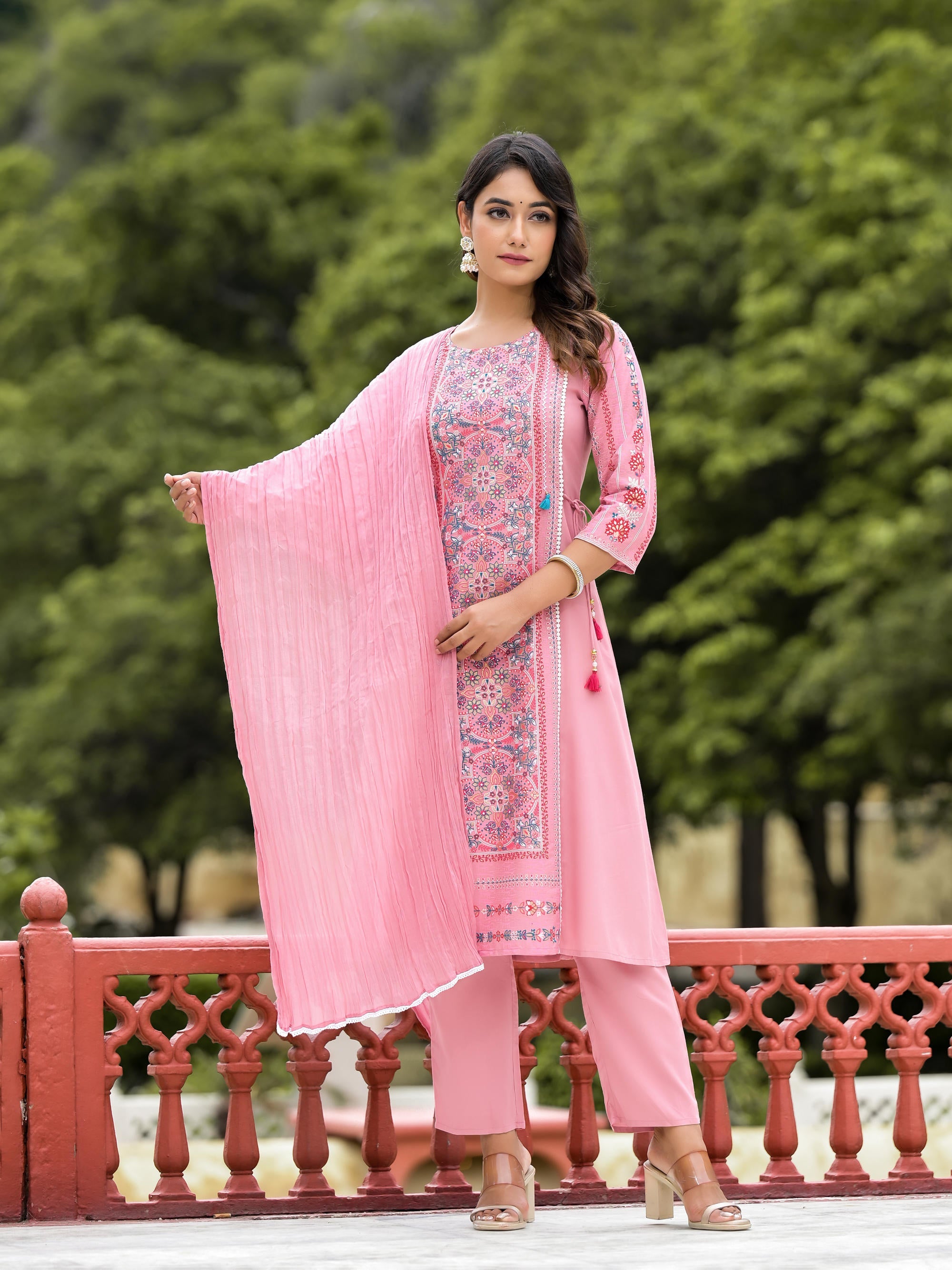 Peach Floral Printed Liva Rayon Kurta Pant And Dupatta Set With Doris At Waist & Thread Work And Tassels