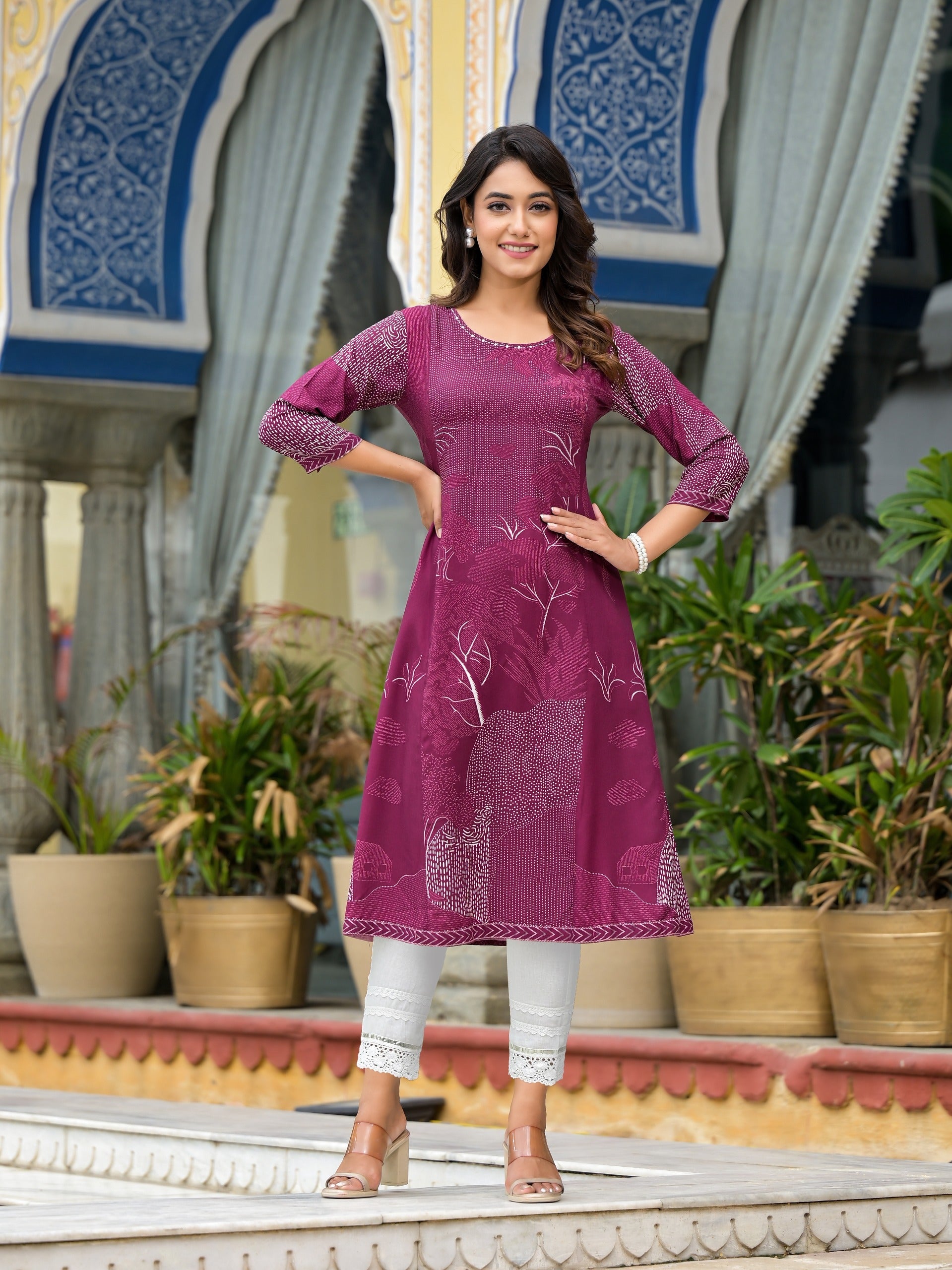 Wine Beautiful Printed Liva Rayon A-lined Kurta For Women