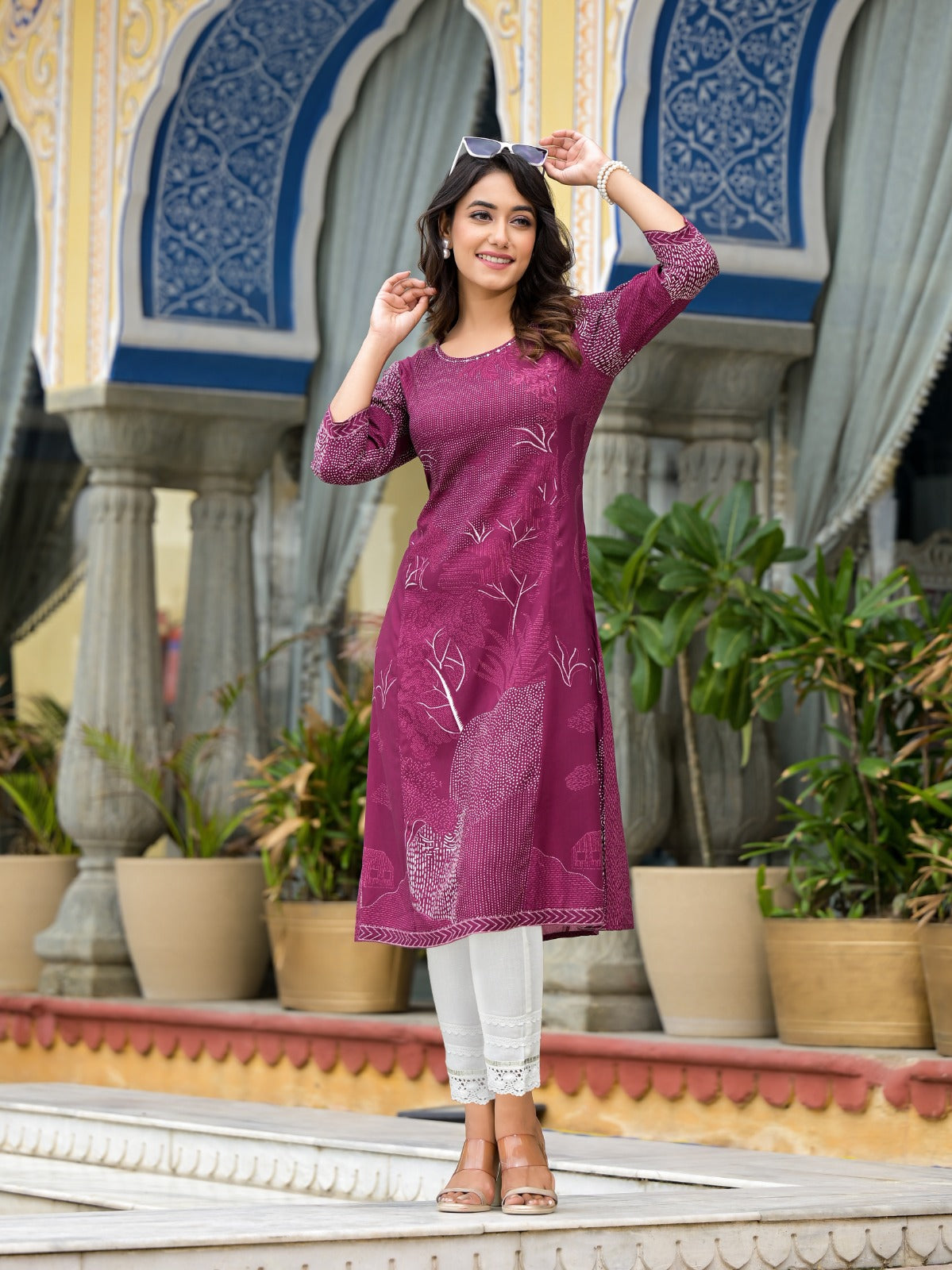 Wine Beautiful Printed Liva Rayon A-lined Kurta For Women