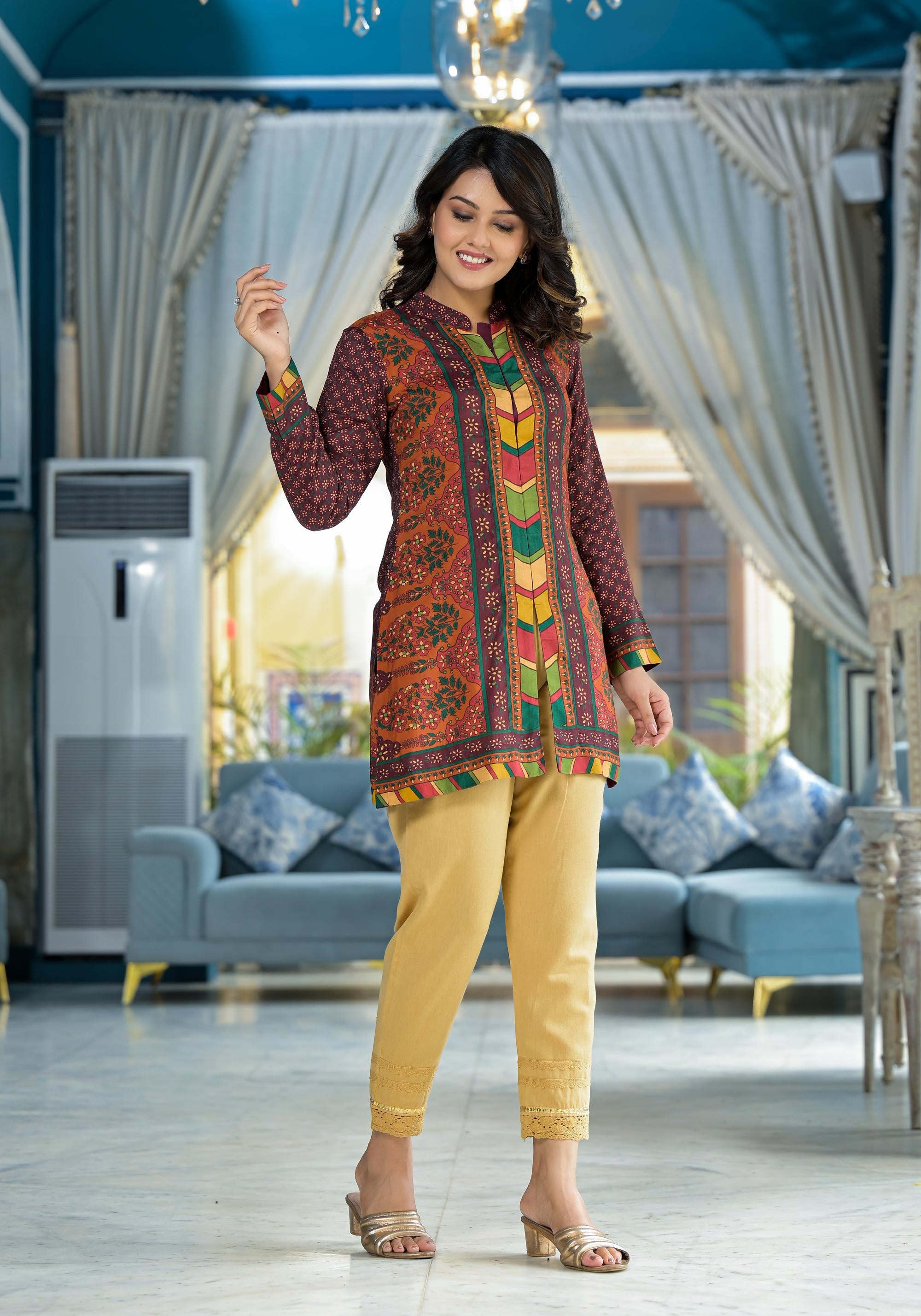 Multi Ethnic Motif Printed Viscose Tunic For Women