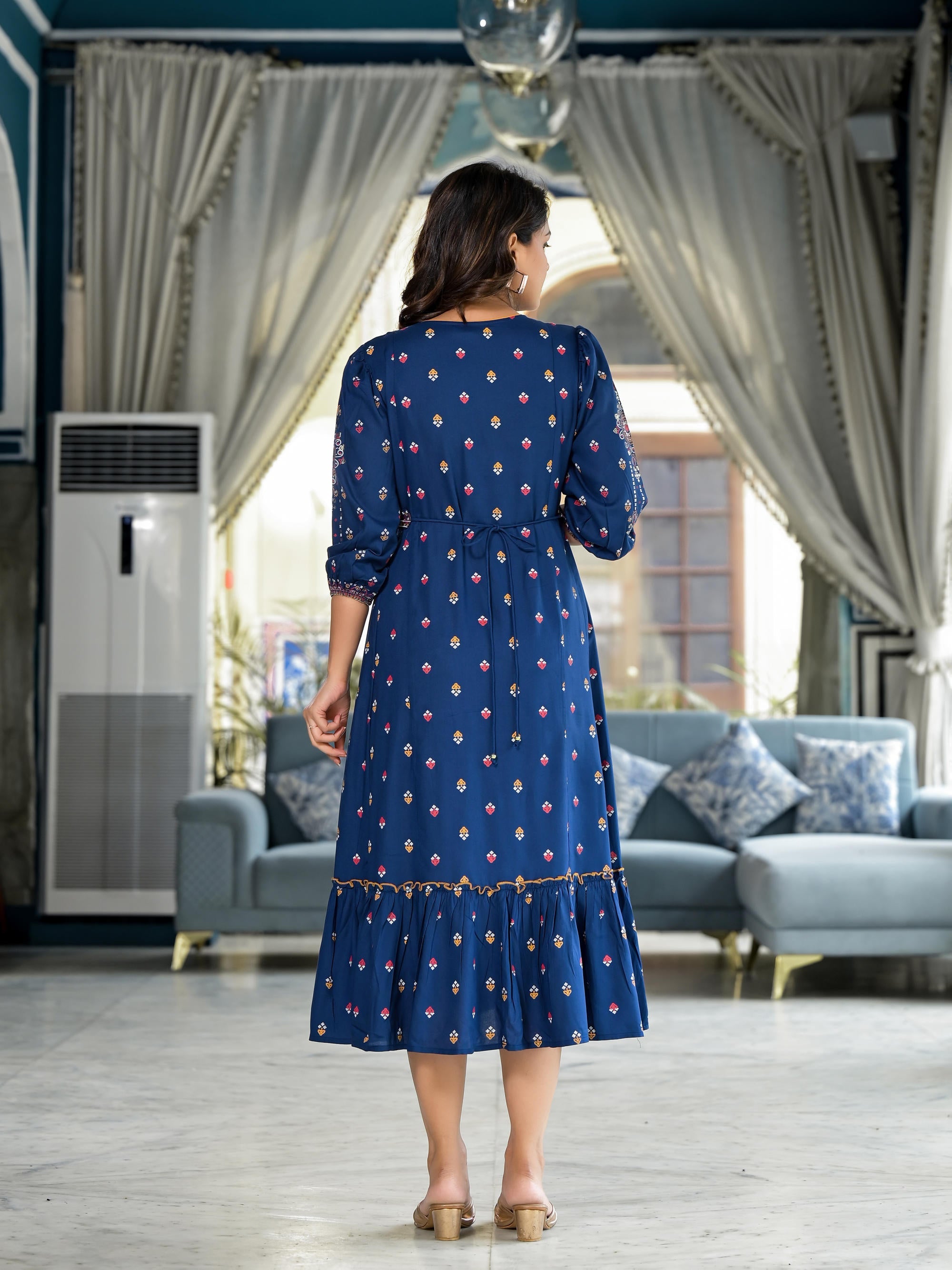 Blue Ethnic Motif Printed Liva Rayon A-lined Tiered Dress With Belt