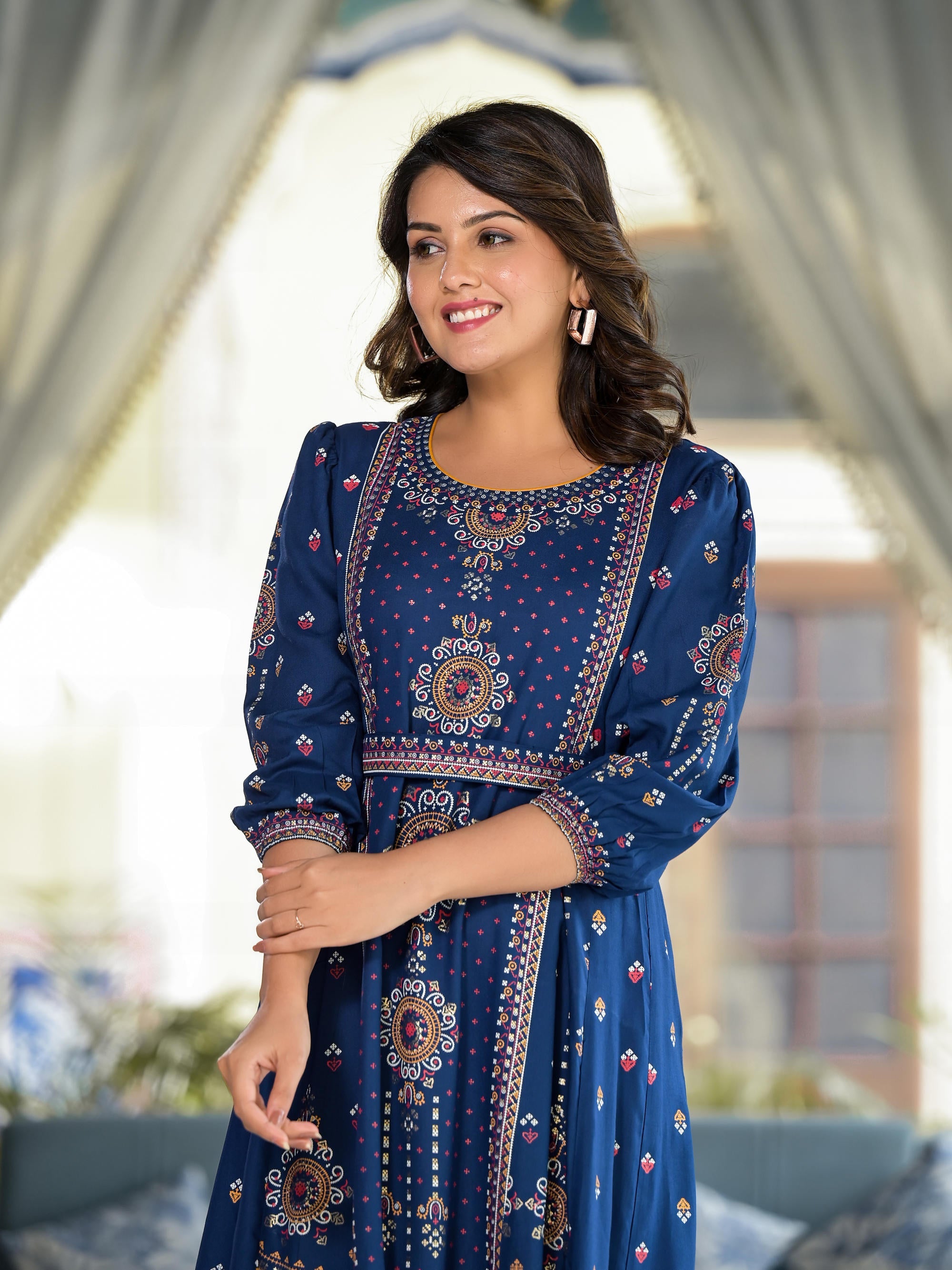 Blue Ethnic Motif Printed Liva Rayon A-lined Tiered Dress With Belt