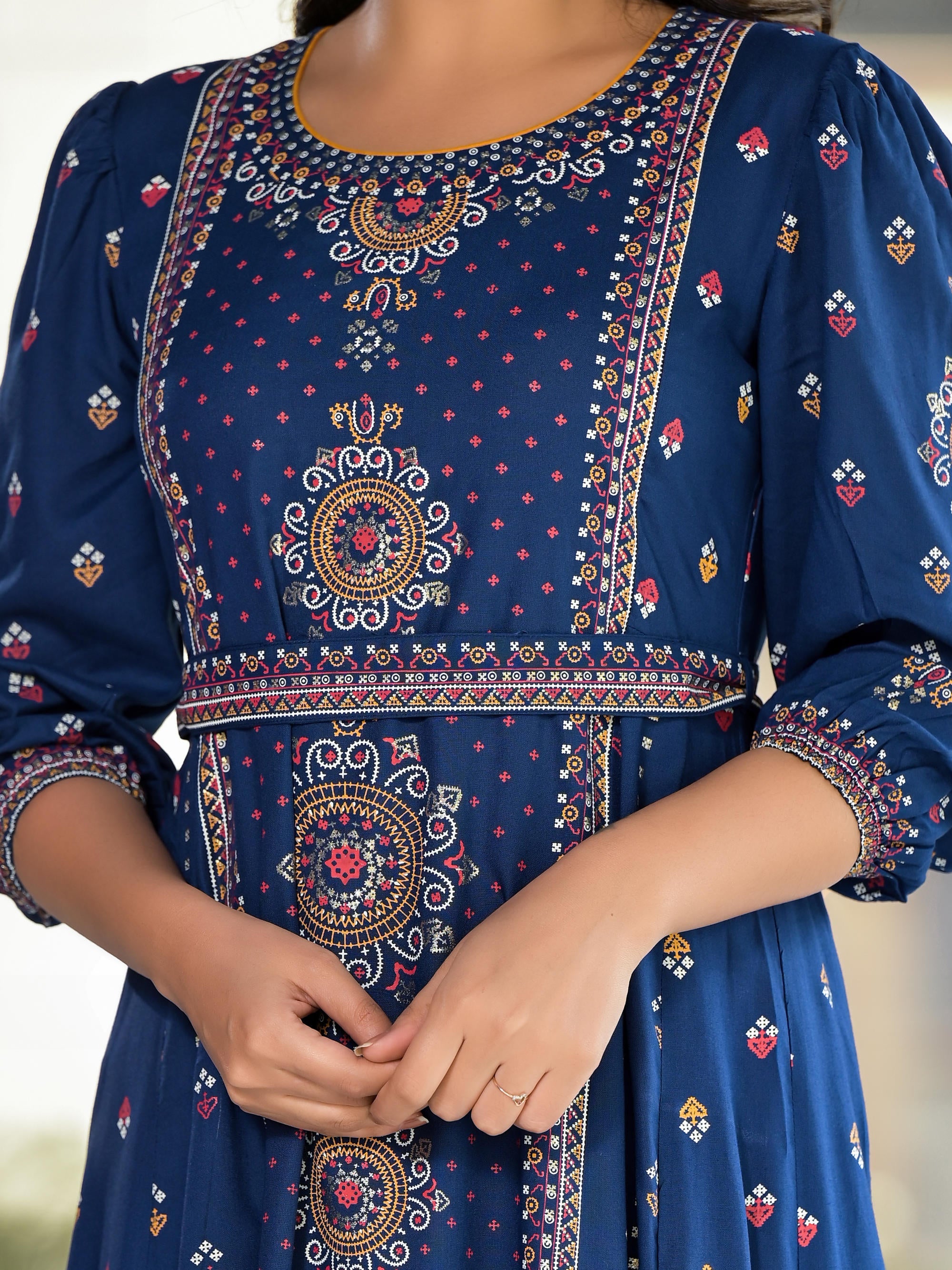 Blue Ethnic Motif Printed Liva Rayon A-lined Tiered Dress With Belt