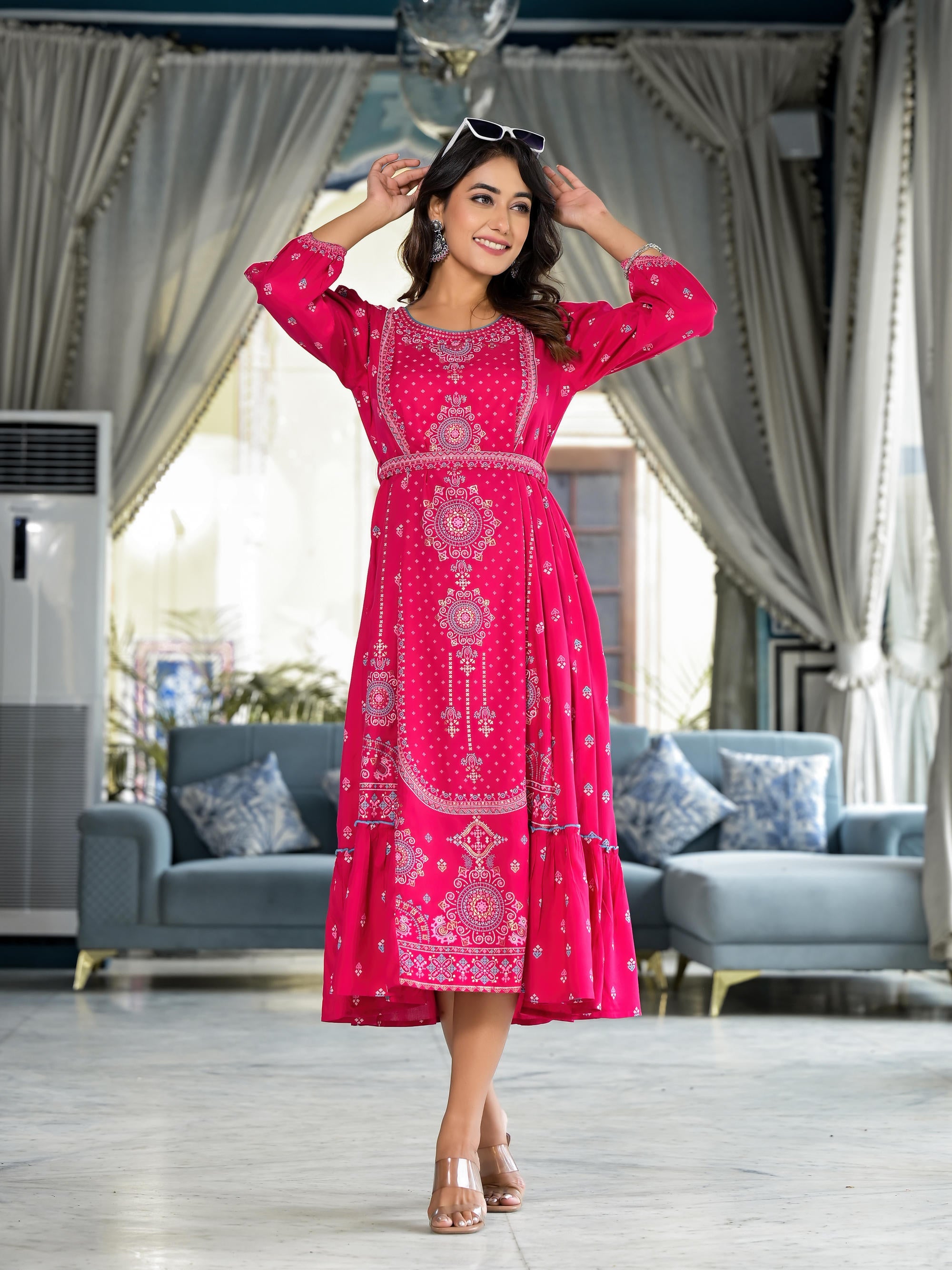 Fuchsia Ethnic Motif Printed Liva Rayon A-lined Tiered Dress With Belt