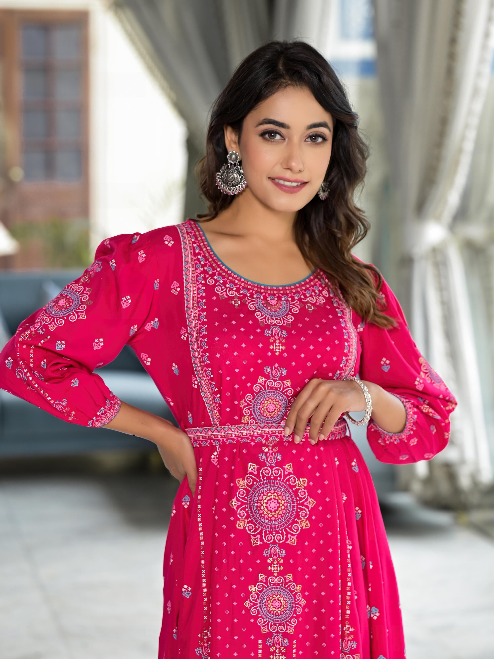 Fuchsia Ethnic Motif Printed Liva Rayon A-lined Tiered Dress With Belt