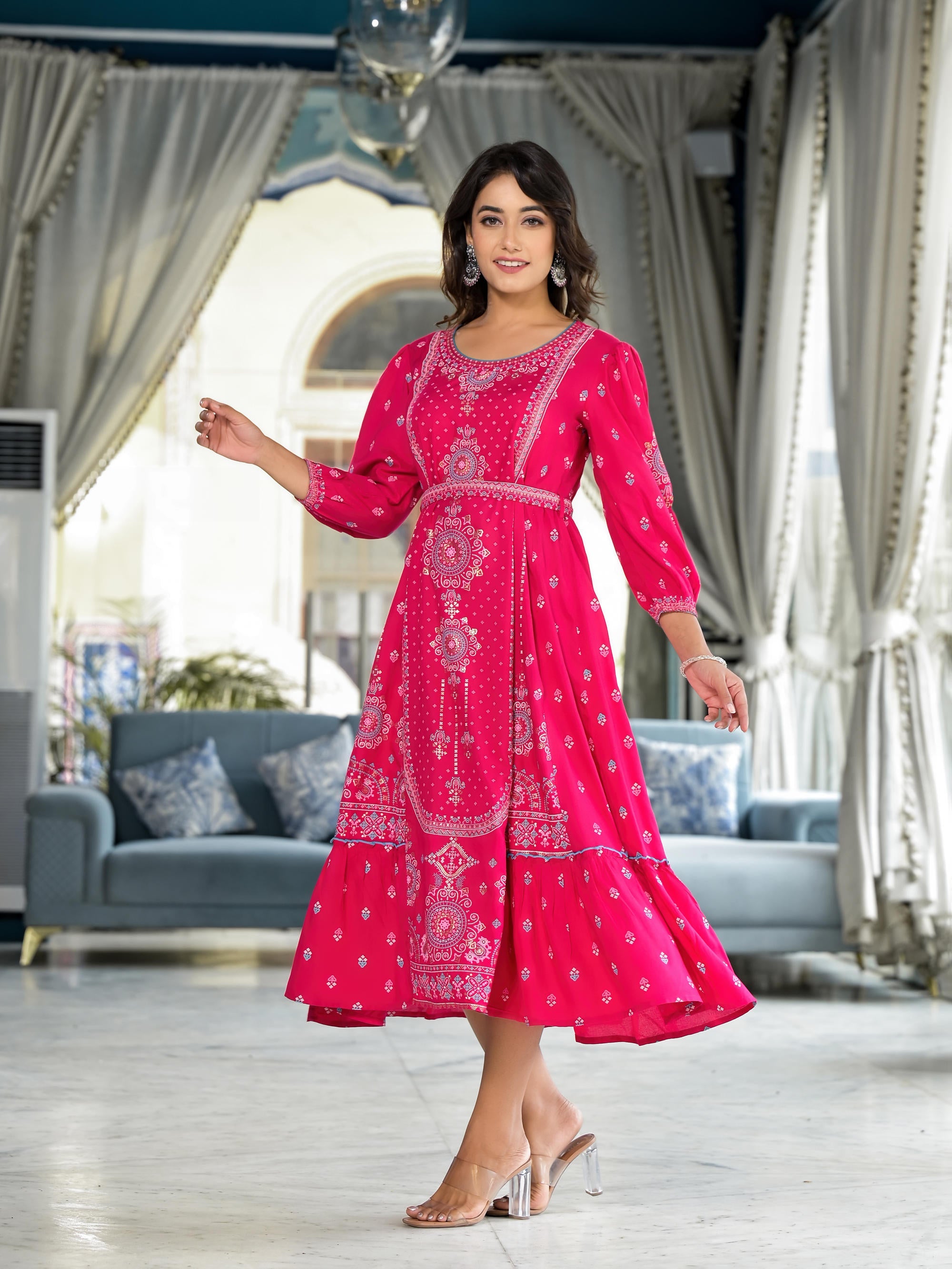 Fuchsia Ethnic Motif Printed Liva Rayon A-lined Tiered Dress With Belt