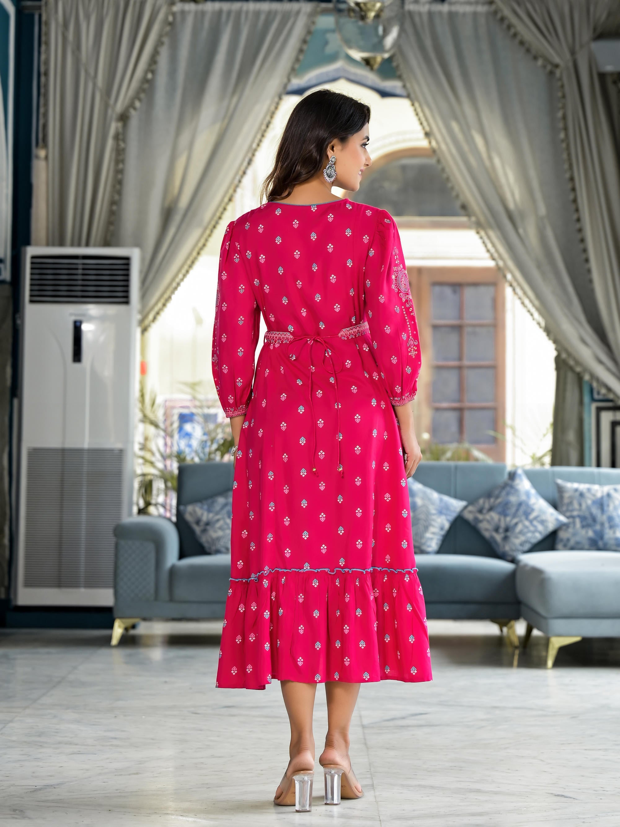 Fuchsia Ethnic Motif Printed Liva Rayon A-lined Tiered Dress With Belt