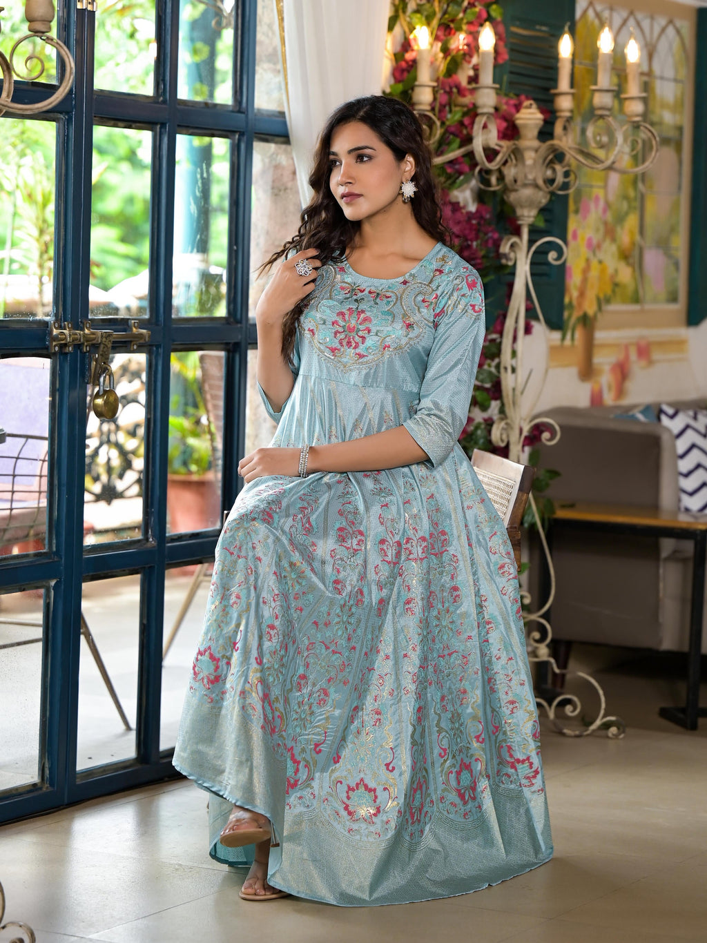Sea Green Ethnic Santoon Dress | Sequins & Thread Work