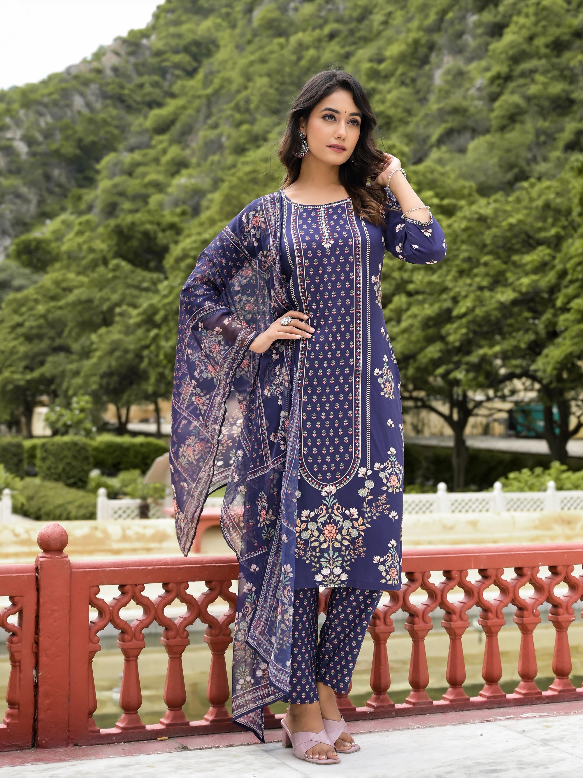 Navy Ethnic Motif Printed Liva Rayon Kurta Pant And Dupatta Set With Sequins Work