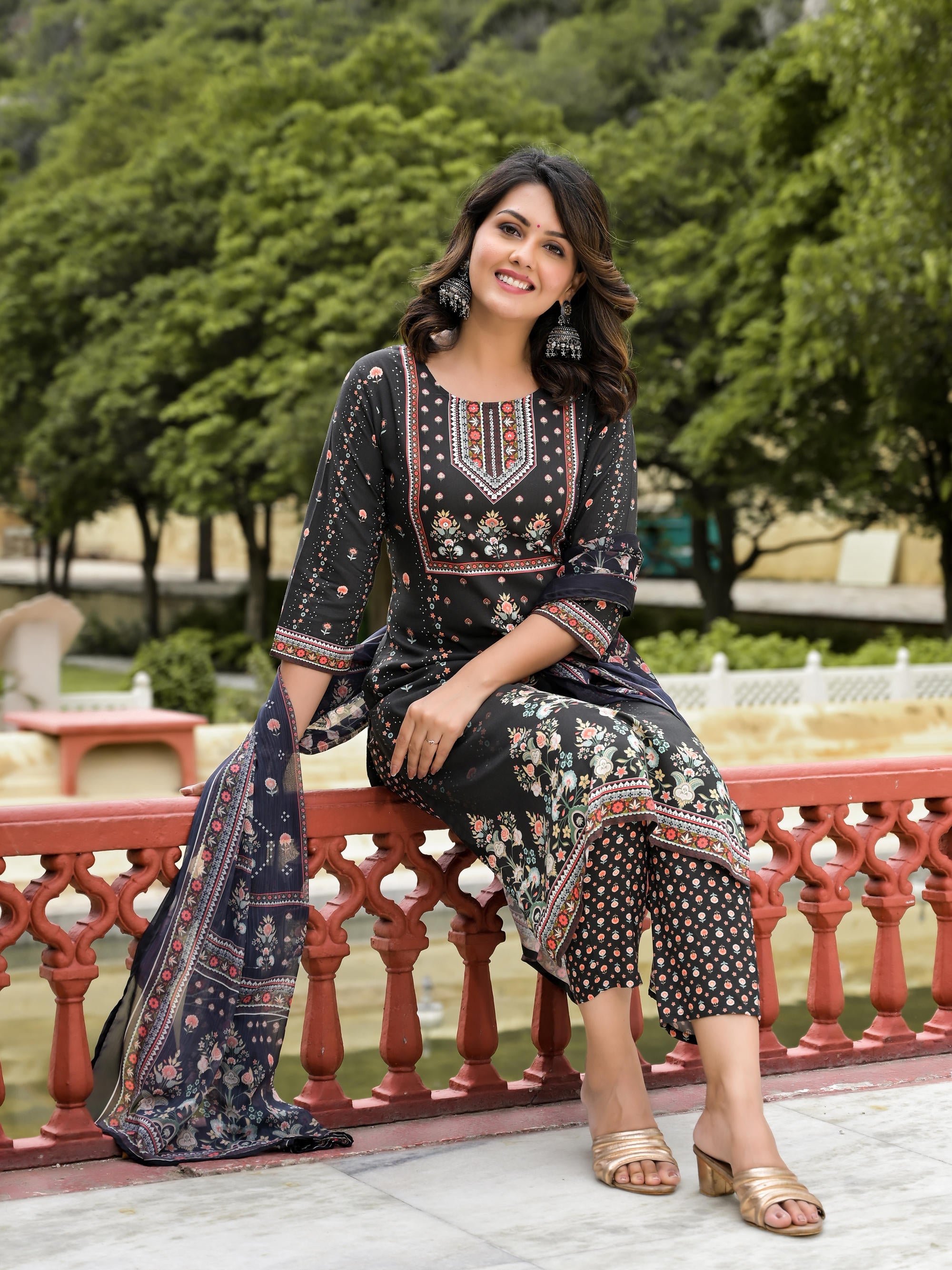 Black Ethnic Motif Printed Liva Rayon Kurta Pant And Dupatta Set With Sequins
