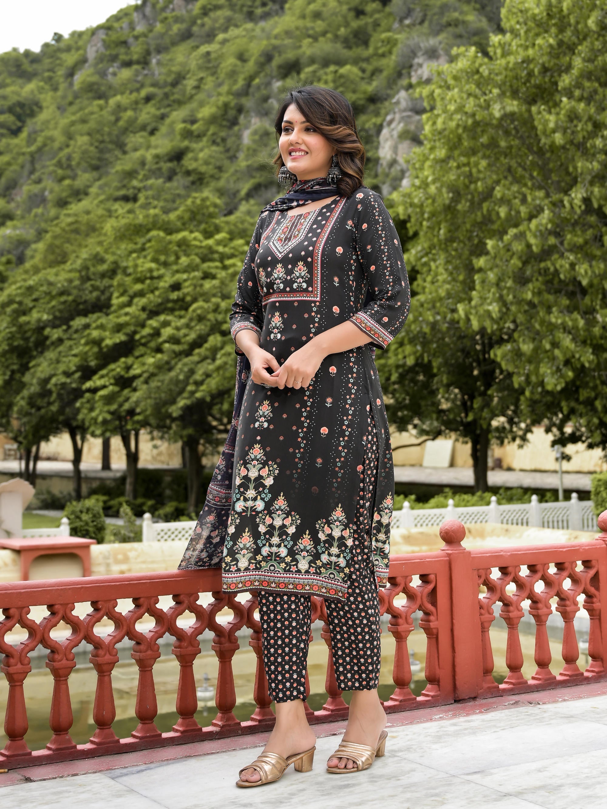 Black Ethnic Motif Printed Liva Rayon Kurta Pant And Dupatta Set With Sequins