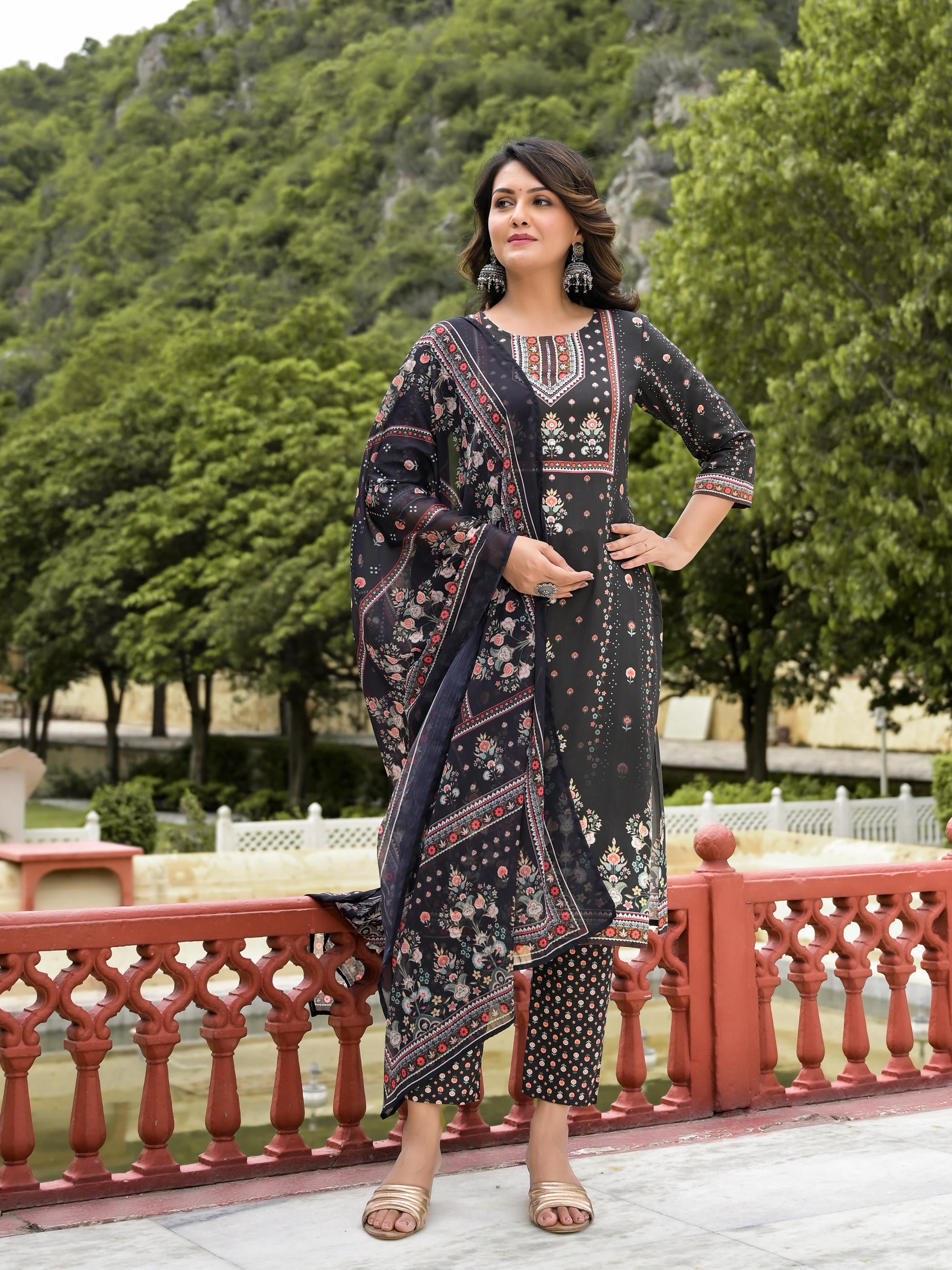 Black Ethnic Motif Printed Liva Rayon Kurta Pant And Dupatta Set With Sequins