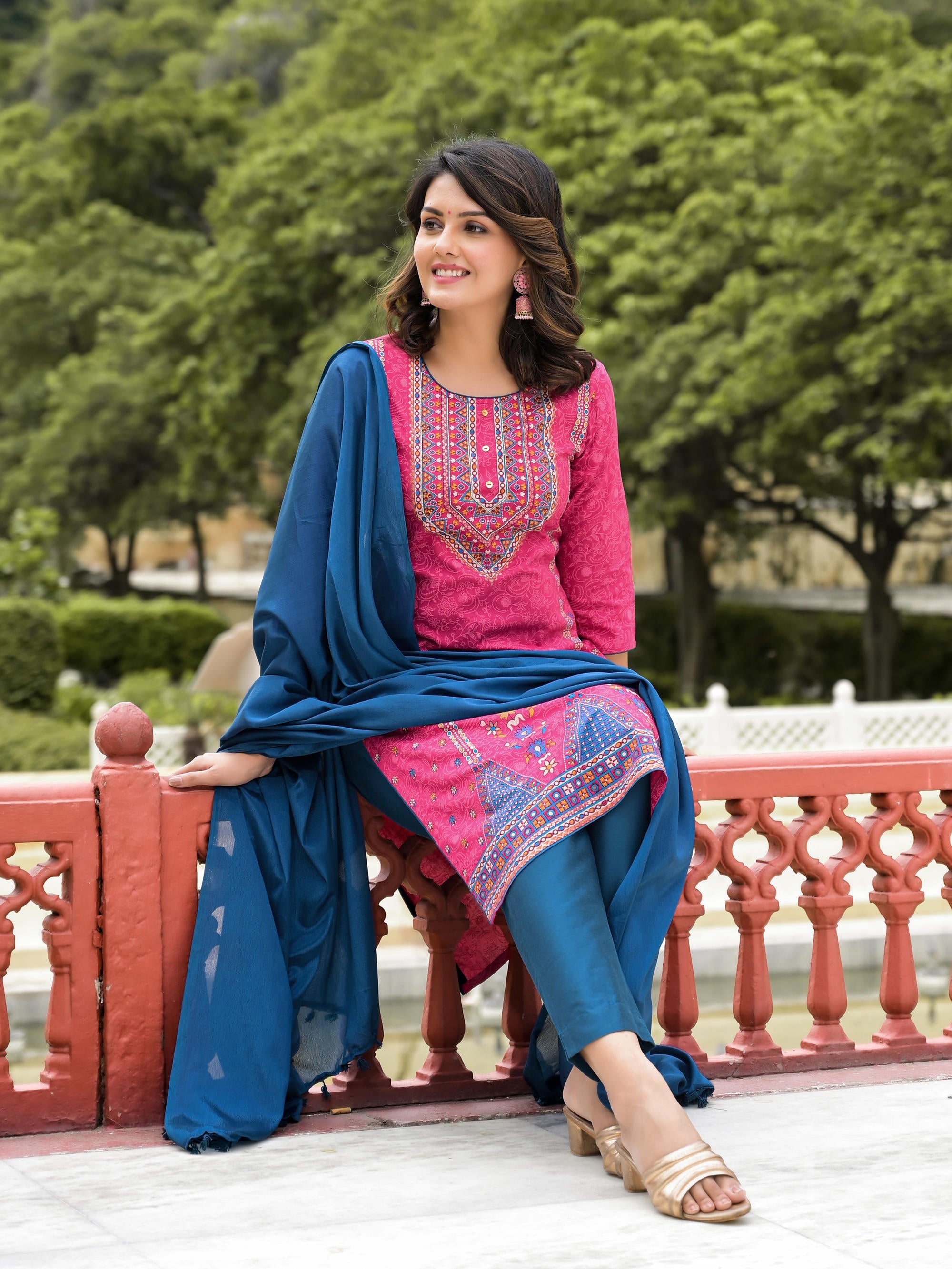 Blue Ethnic Motif Printed Liva Rayon Kurta Pant And Dupatta Set With Buttons & Tassels