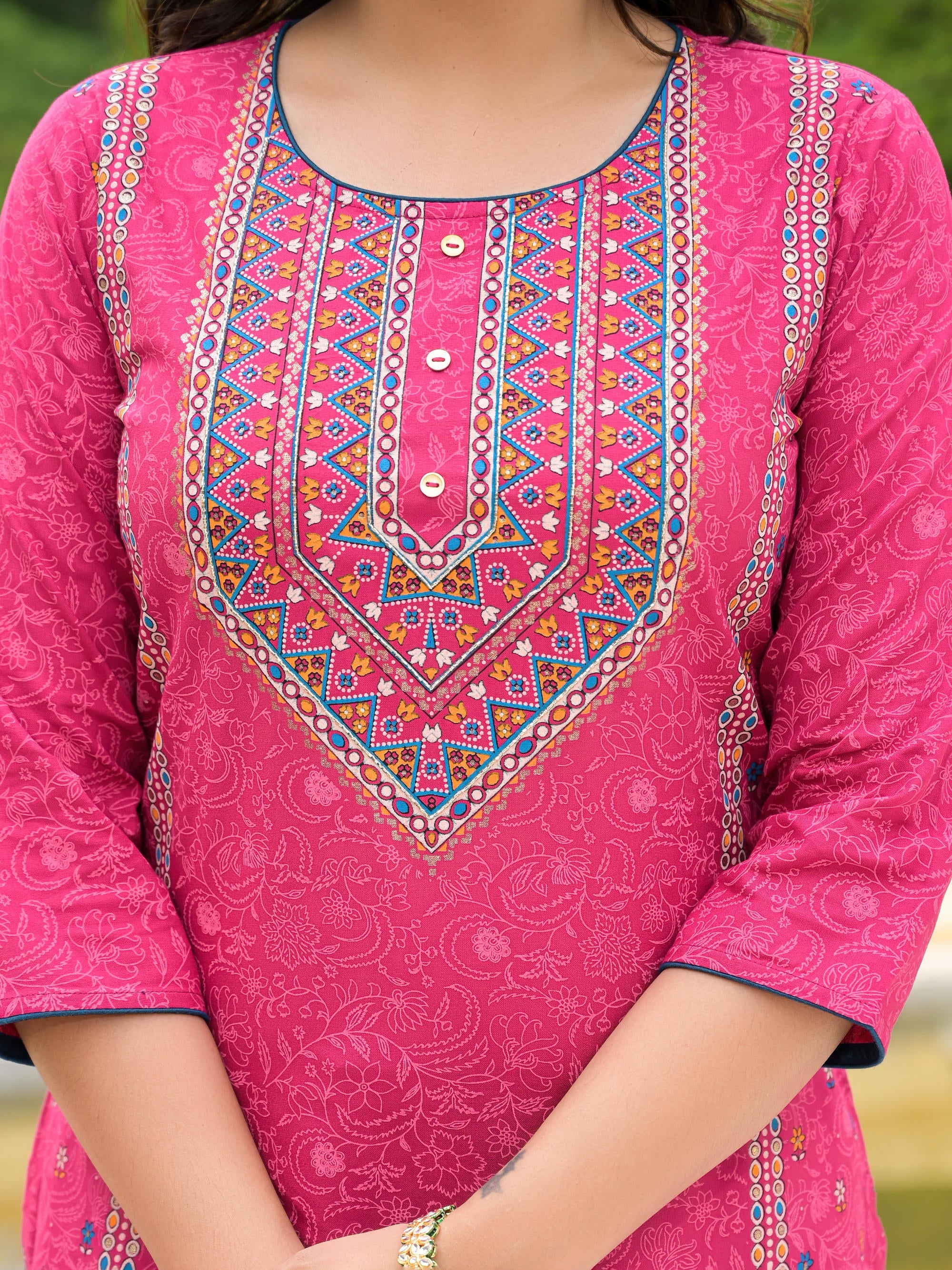 Blue Ethnic Motif Printed Liva Rayon Kurta Pant And Dupatta Set With Buttons & Tassels