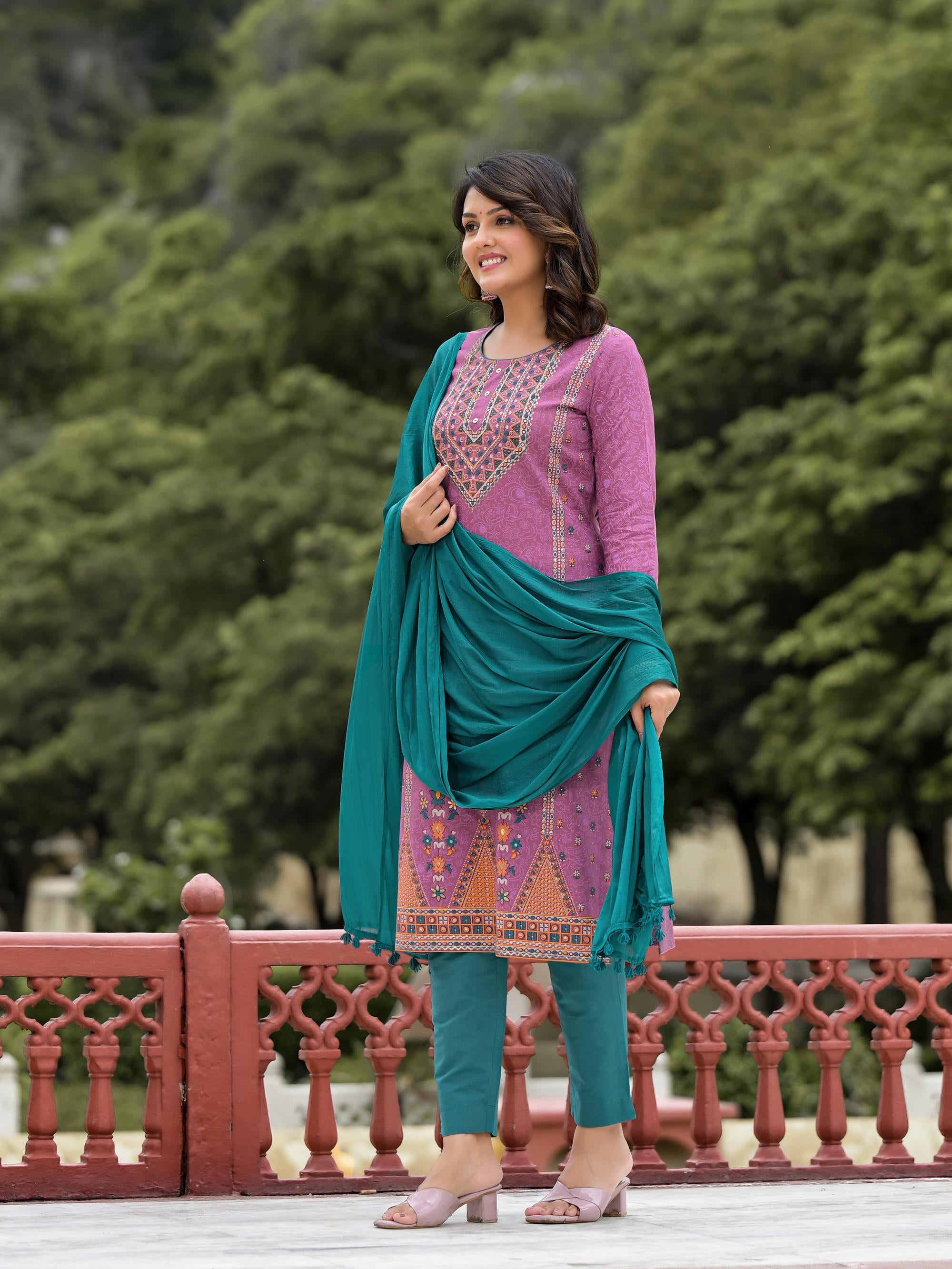 Lavender Ethnic Motif Printed Liva Rayon Kurta Pant And Dupatta Set With Buttons & Tassels