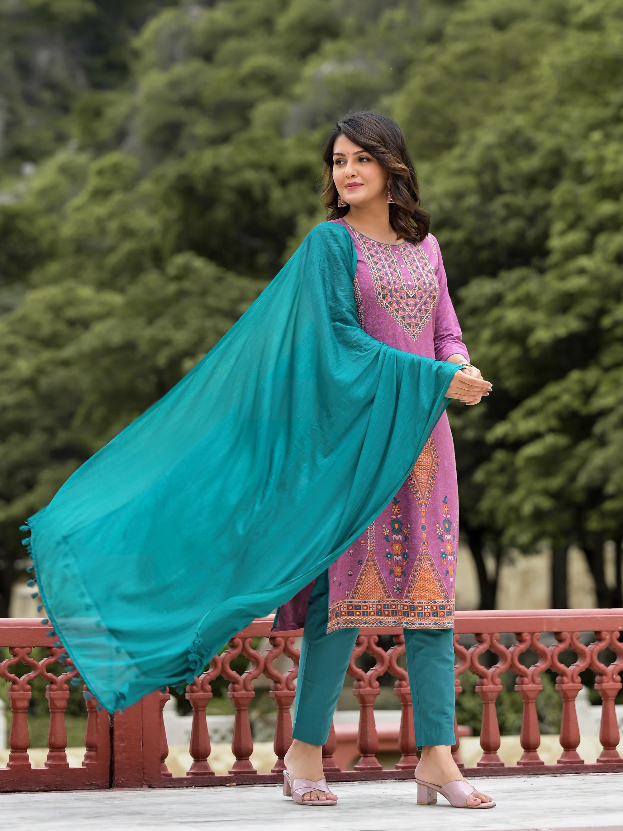 Lavender Ethnic Motif Printed Liva Rayon Kurta Pant And Dupatta Set With Buttons & Tassels