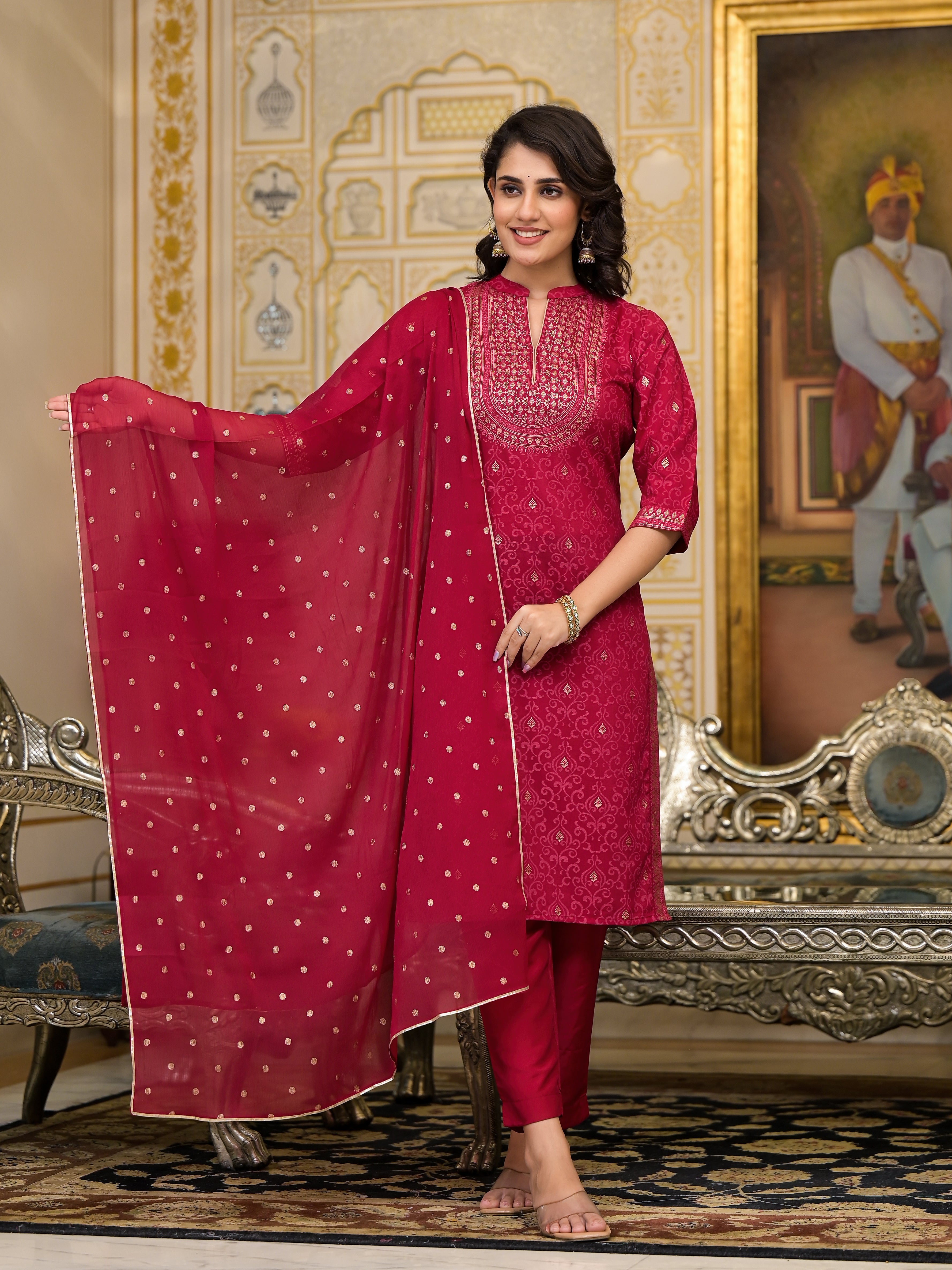 Women Red Printed Straight Kurta Pants & Dupatta Set