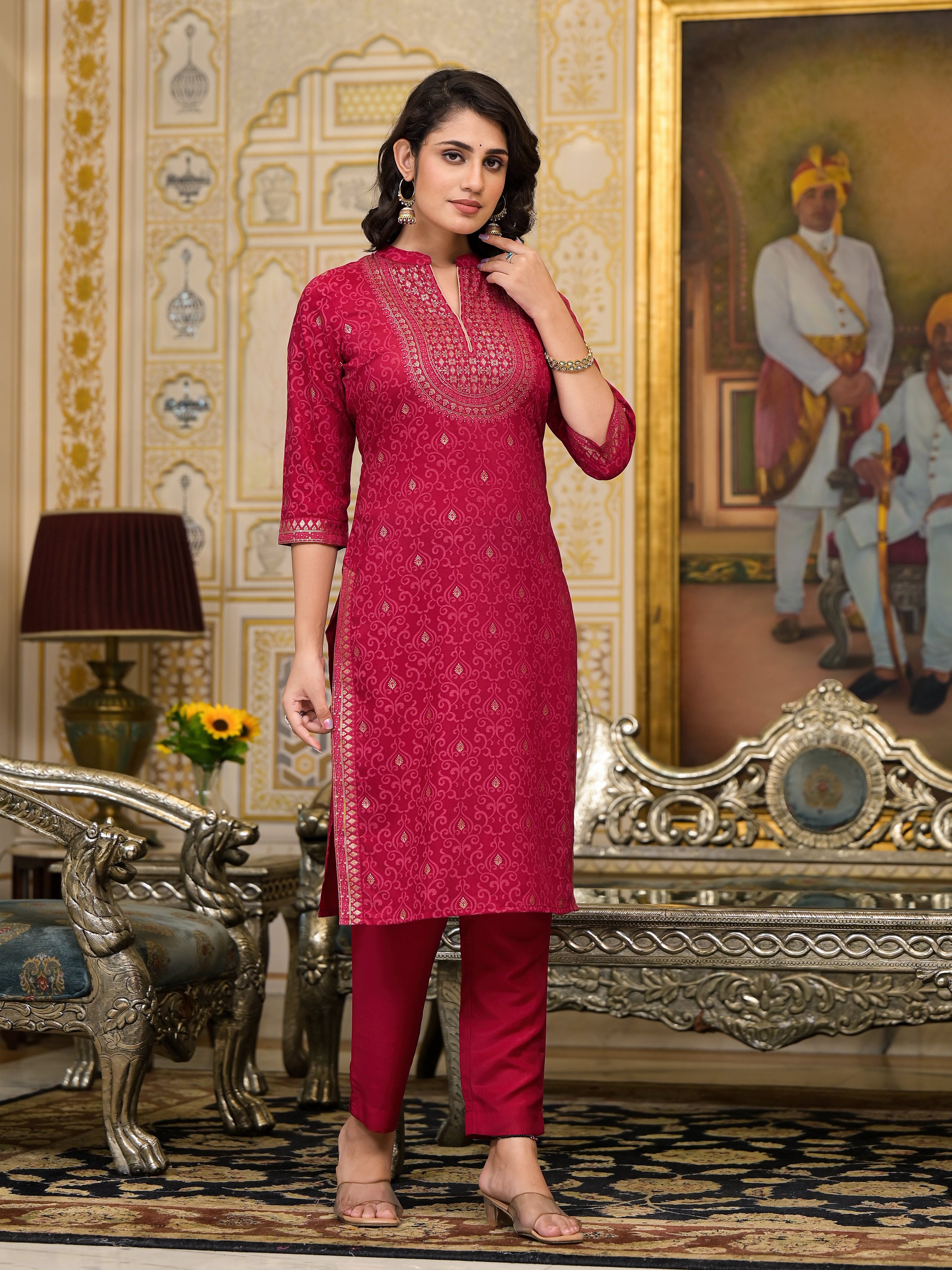 Women Red Printed Straight Kurta Pants & Dupatta Set