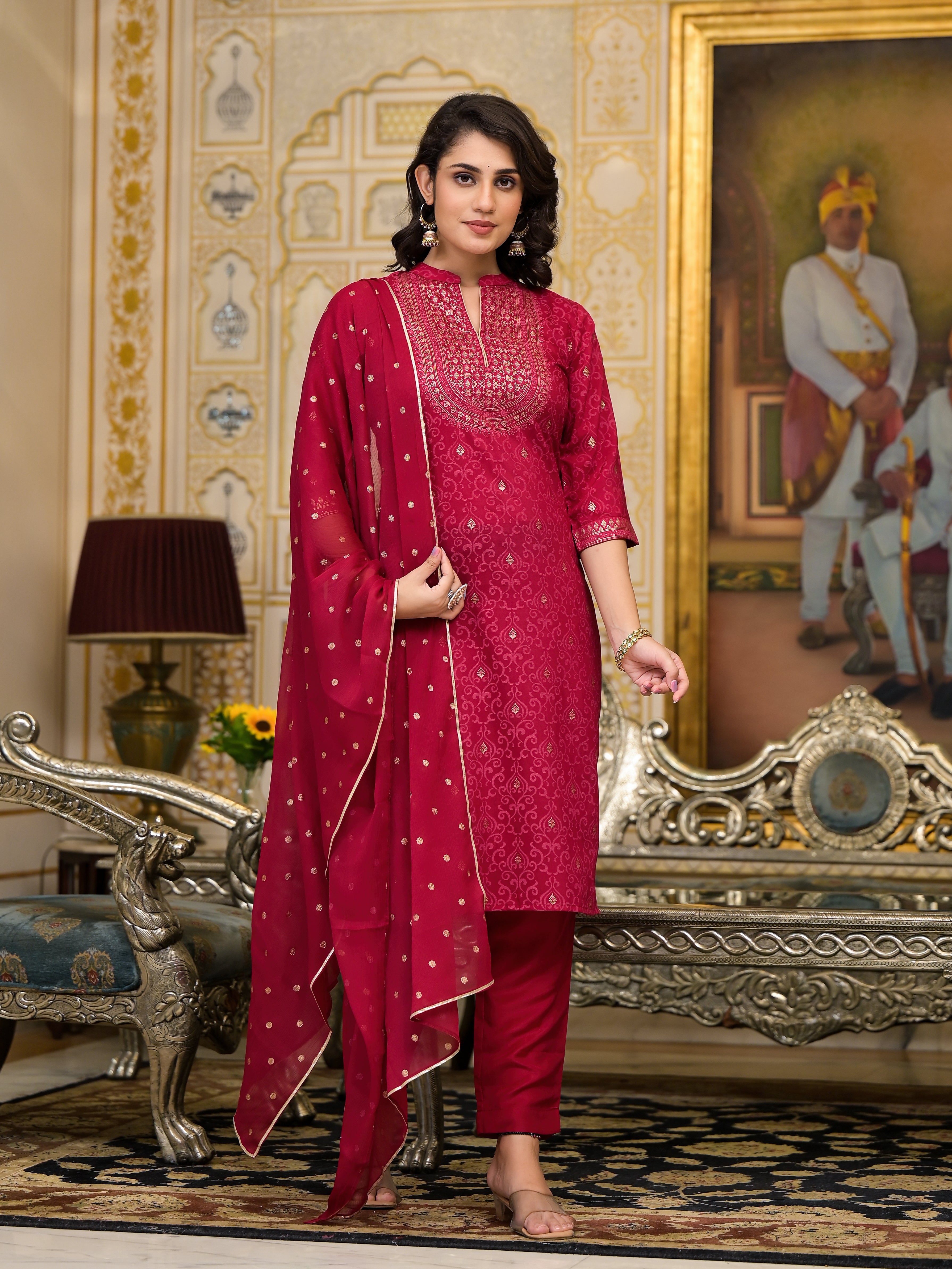 Women Red Printed Straight Kurta Pants & Dupatta Set