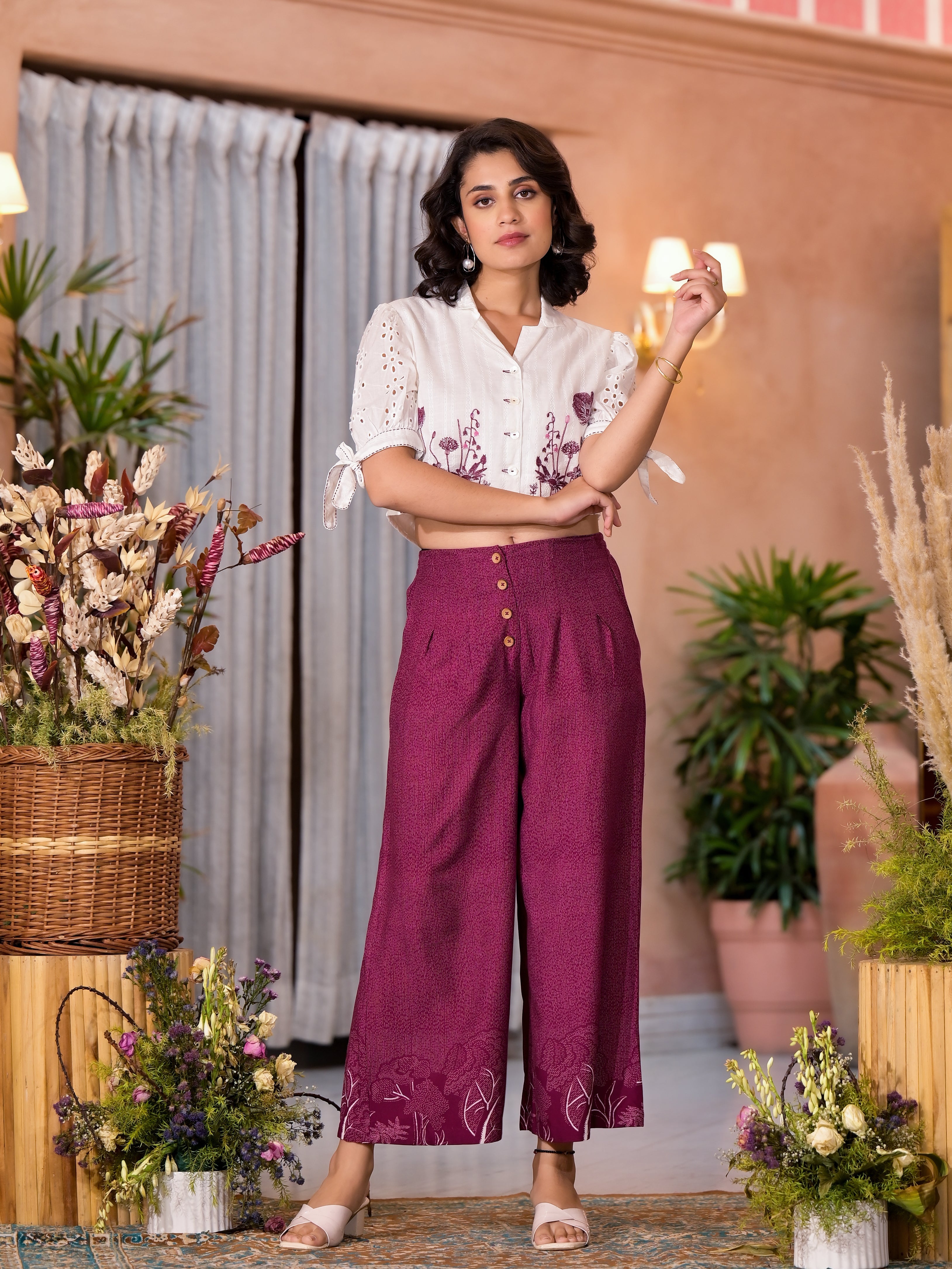 Wine Thread Embroidered Cotton Shirt Crop Top & Pant Co-Ord Set With Buttons & Tie-Ups