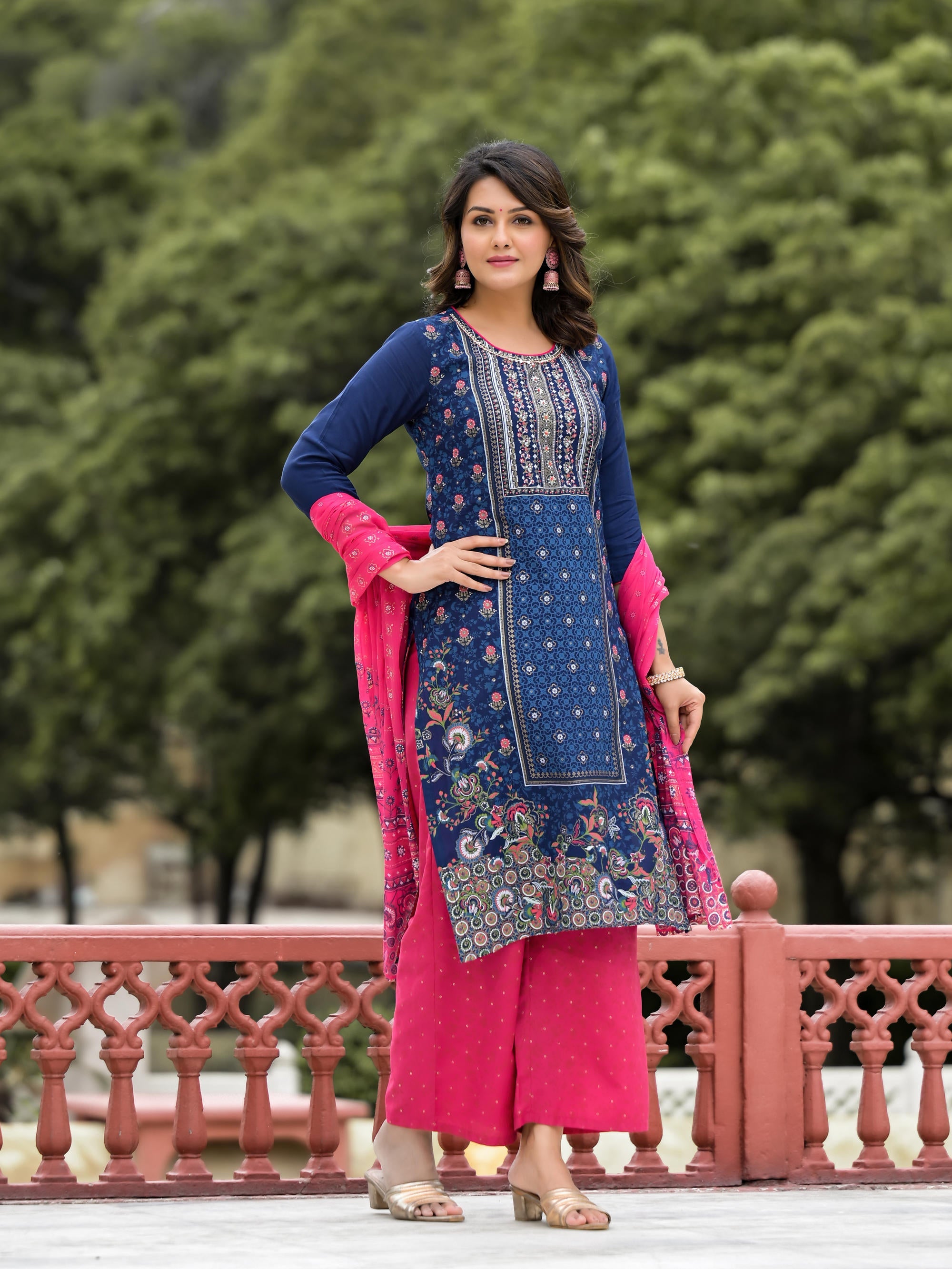 Blue Ethnic Motif Printed Viscose Kurta Pant And Dupatta Set With Sequins Work