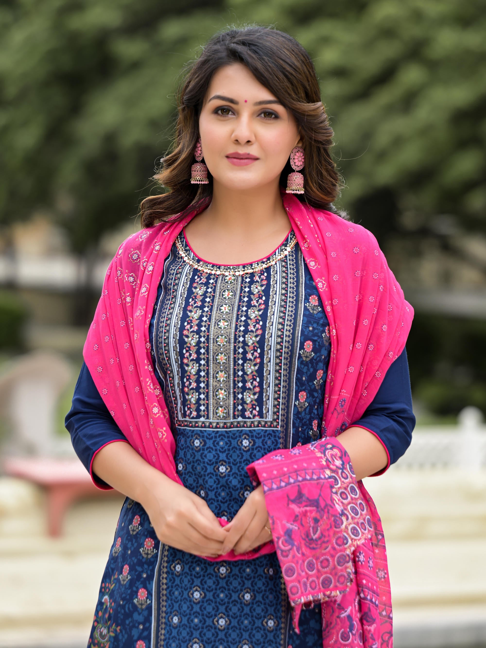 Blue Ethnic Motif Printed Viscose Kurta Pant And Dupatta Set With Sequins Work