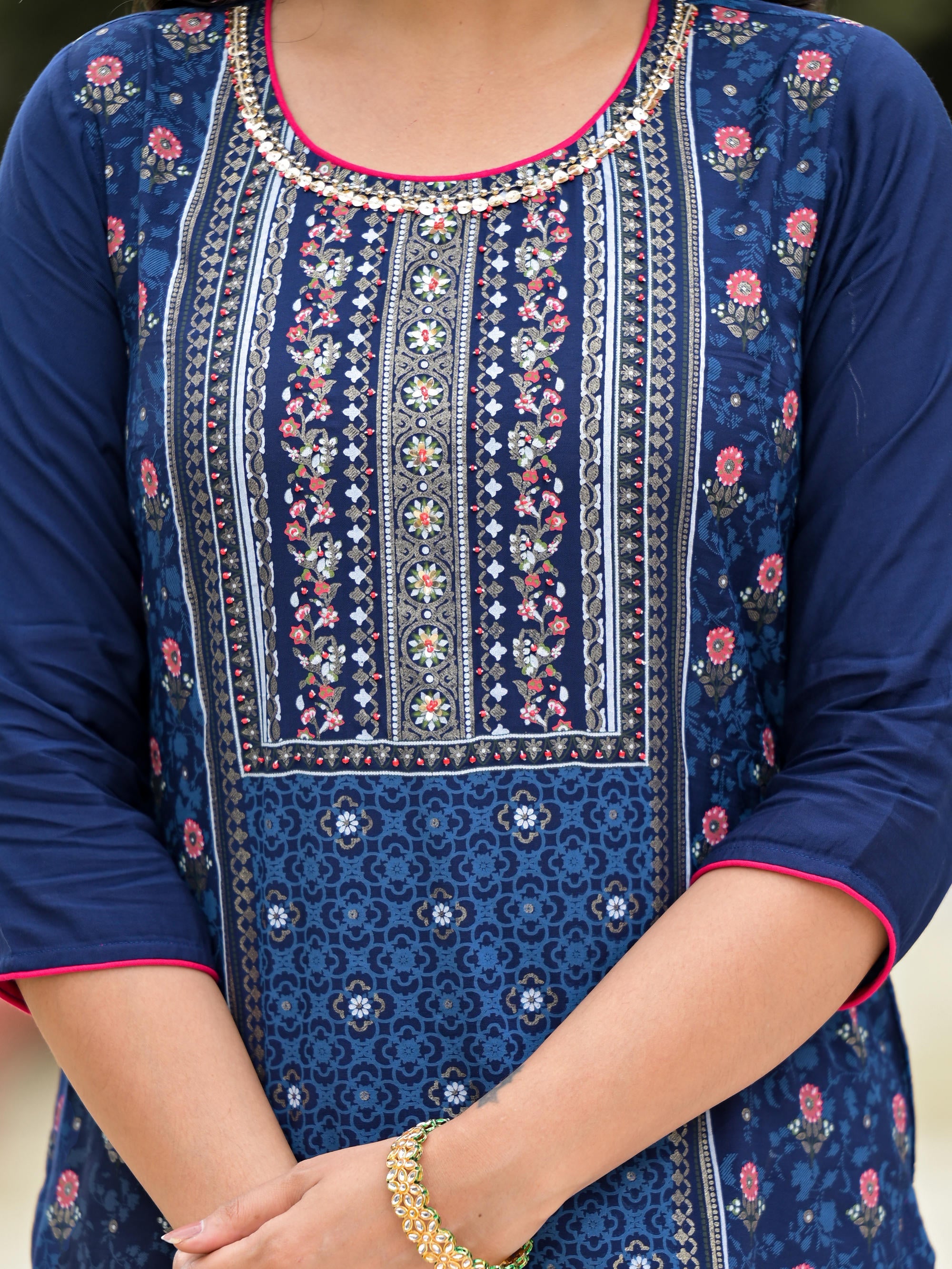 Blue Ethnic Motif Printed Viscose Kurta Pant And Dupatta Set With Sequins Work