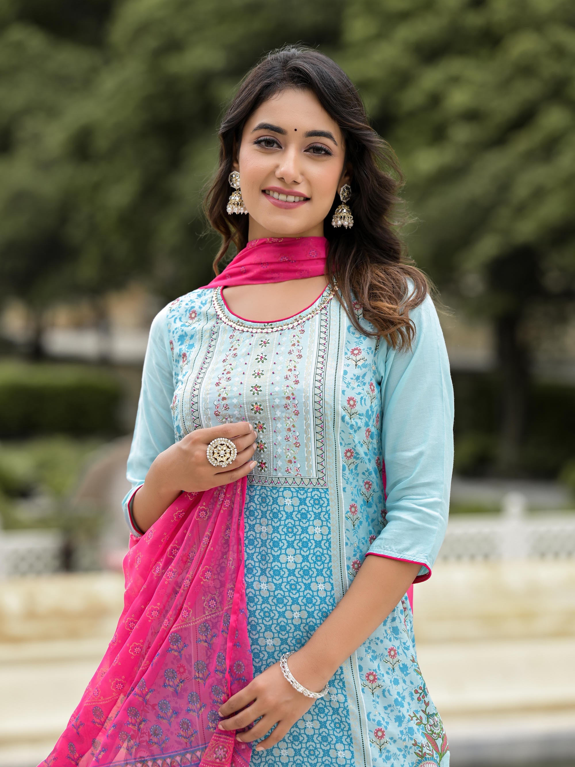 Sky Blue Ethnic Motif Printed Viscose Kurta Pant And Dupatta Set With Sequins Work And Beads Work