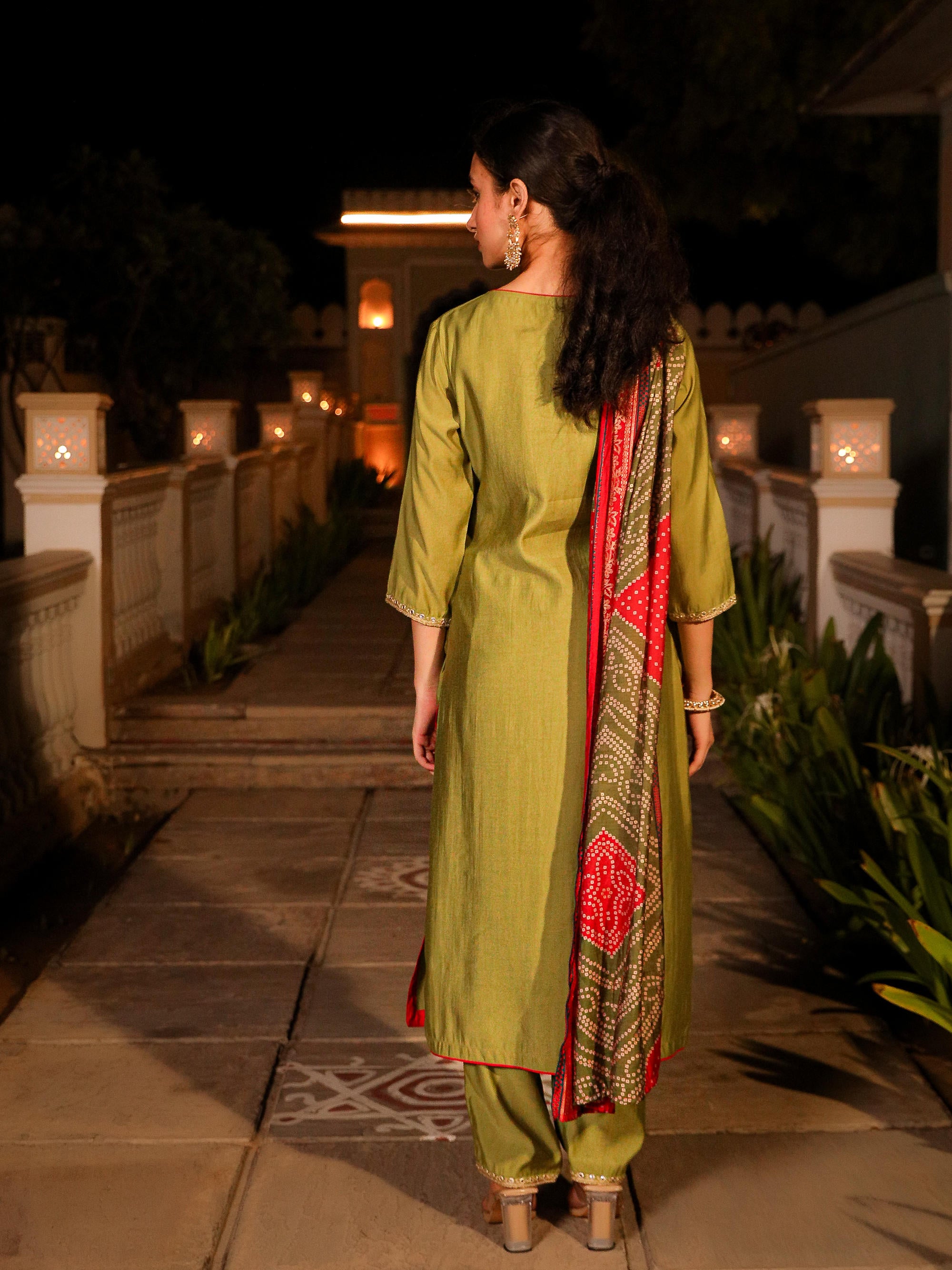 The Swarn Green Zari Embroidered Viscose Kurta Pant And Dupatta With Mirror Work