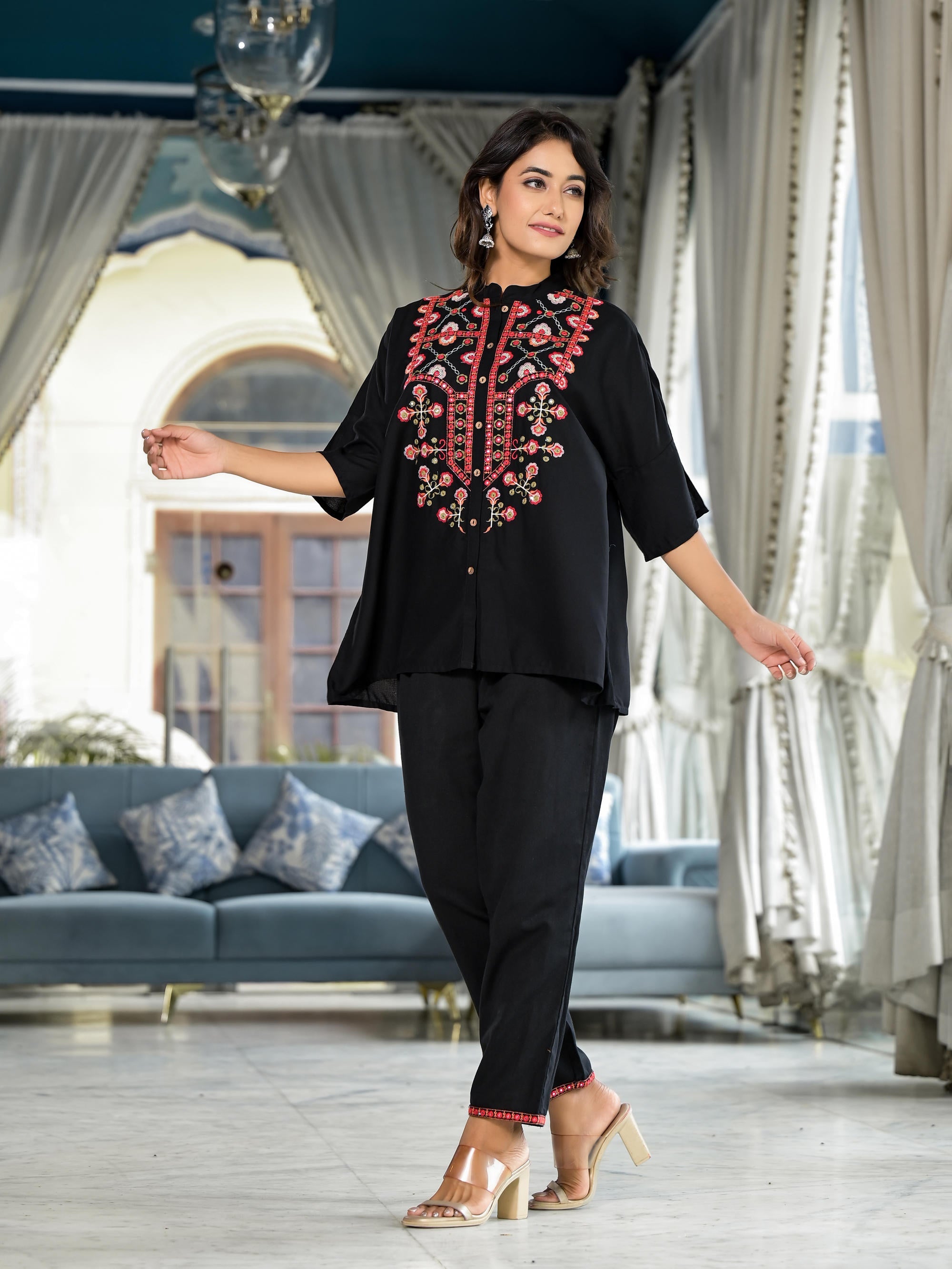Black Thread Embroidered Liva Rayon Tunic Pant Set With Mirror Work & Buttons