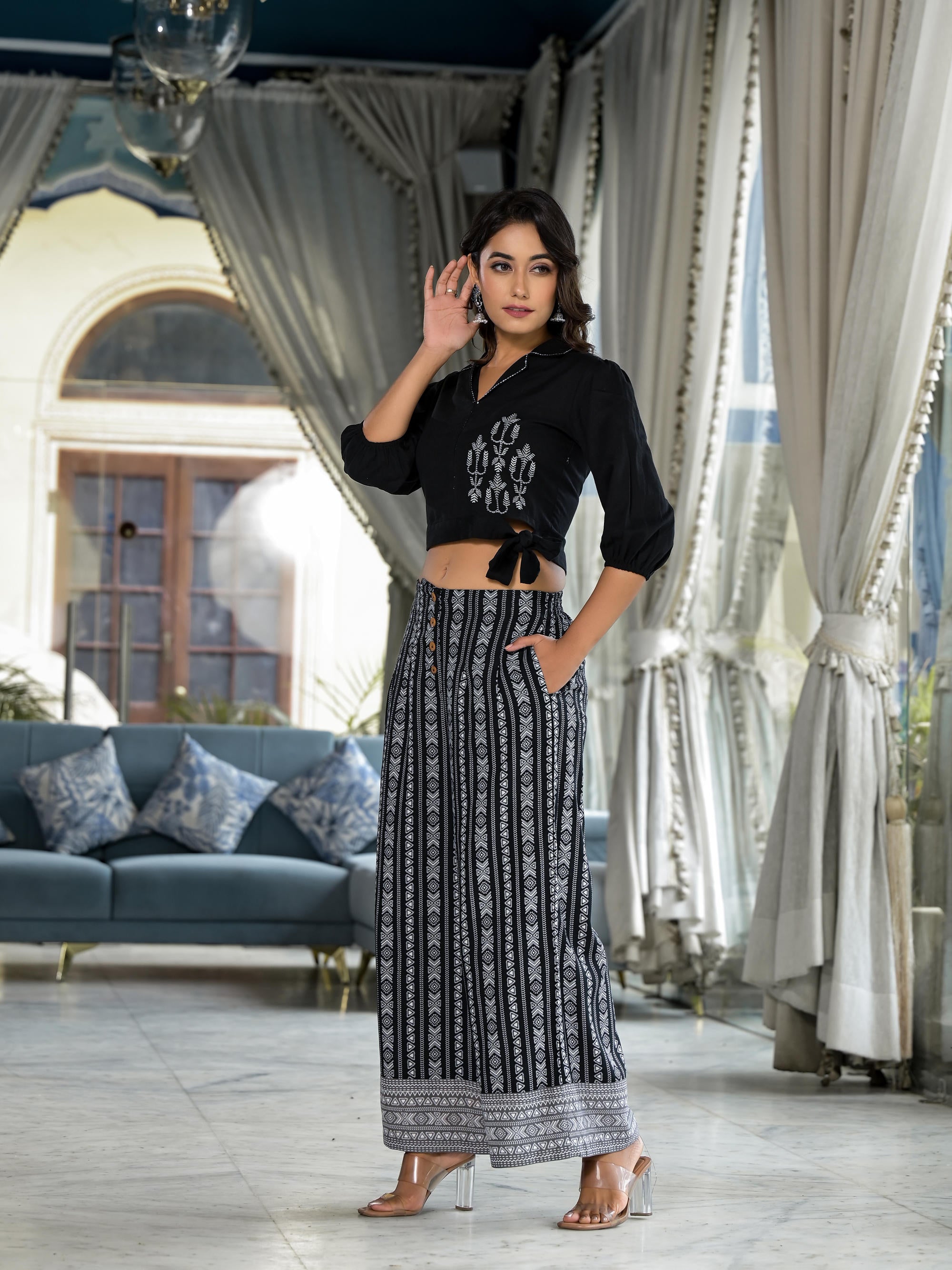 Black Thread Embroidered Cotton Tunic Palazzo Set With Button Detailing