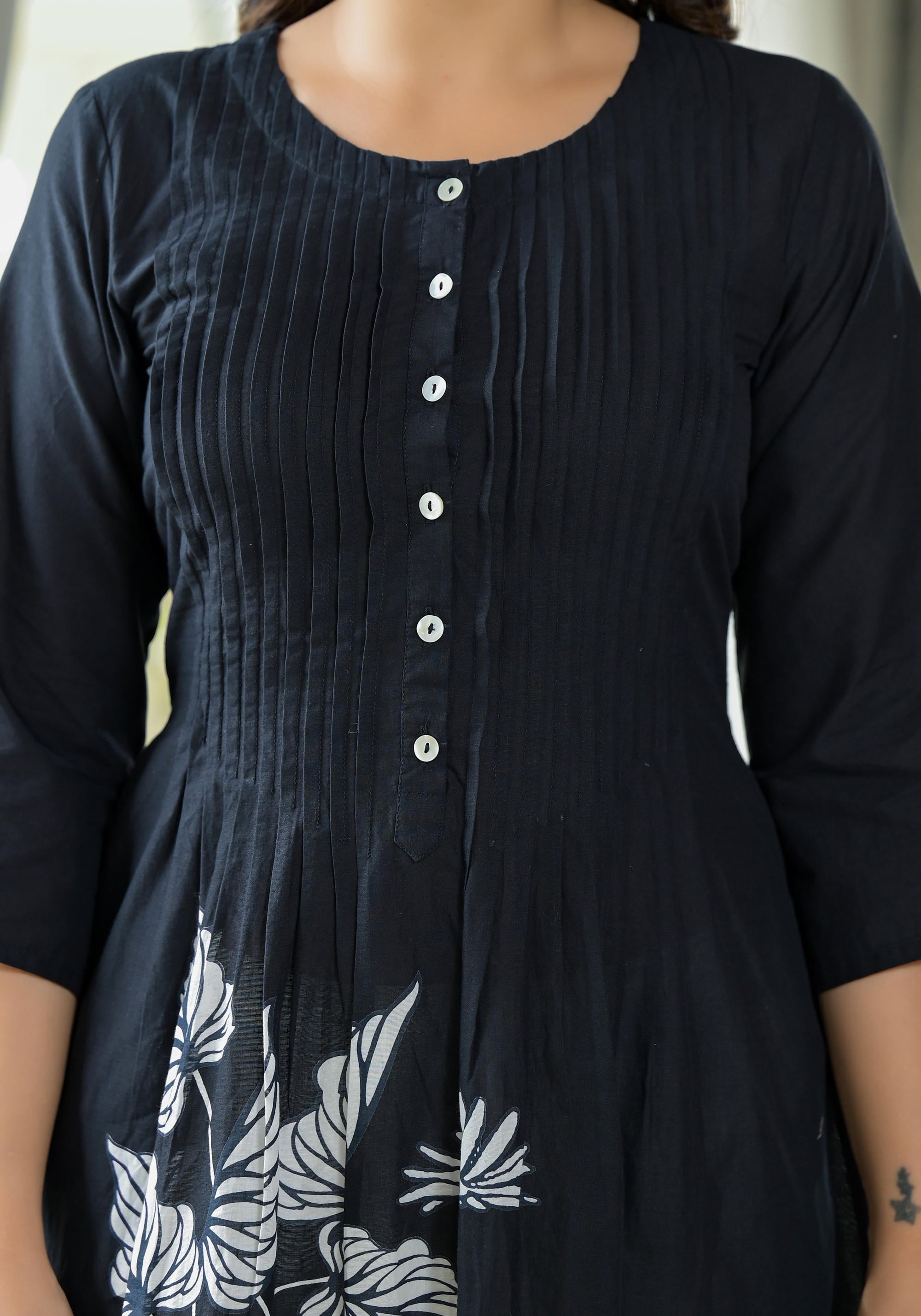 Black Floral Printed Cotton Kurta With Button Detailing